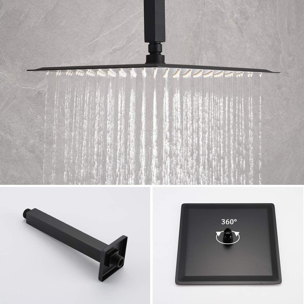 Matte Black Ceiling Mount Rain Shower System - 12 Inch Square Shower Head with Handheld Sprayer, Mixer Valve & Trim Kit | Modern Bathroom Upgrade for Spa-Like Experience