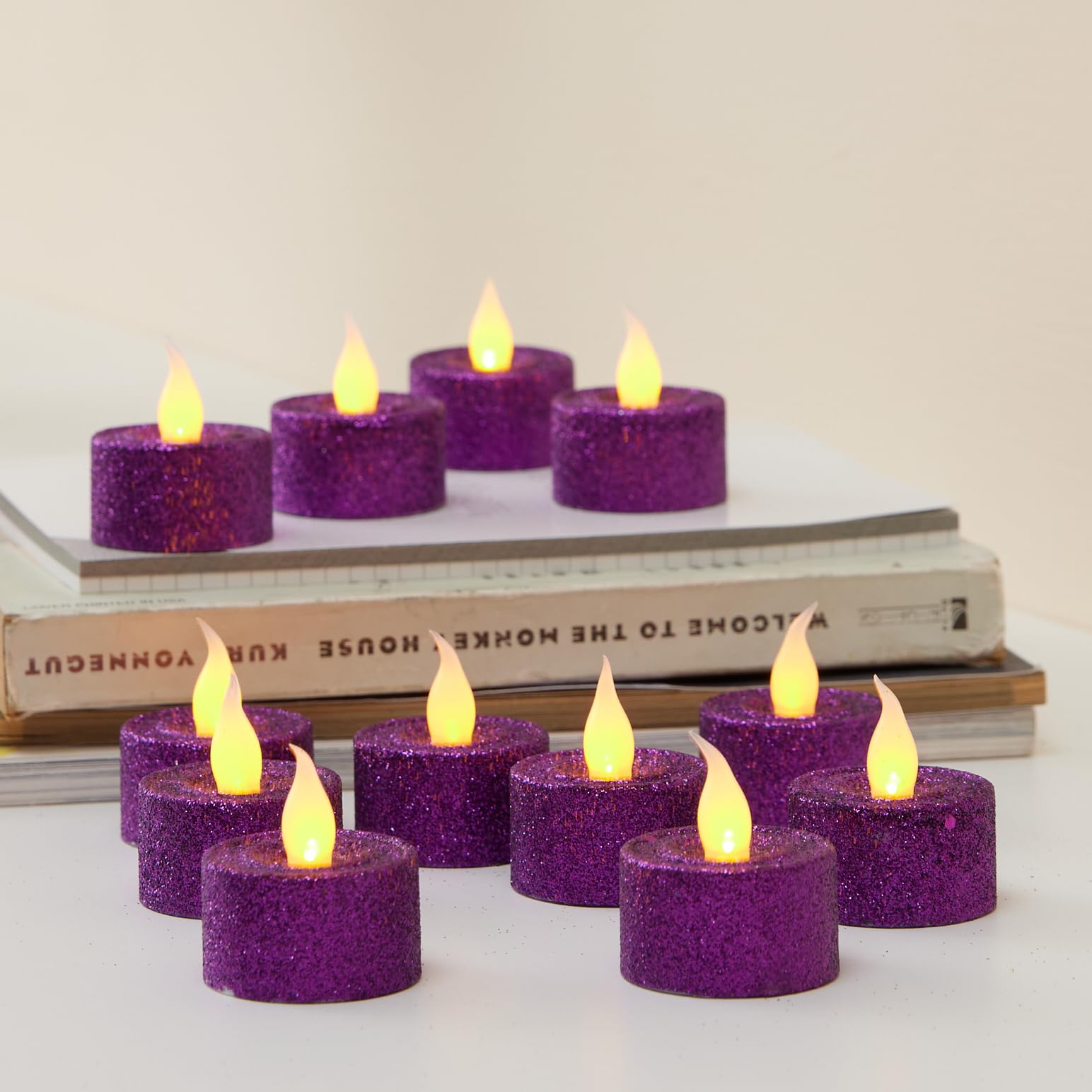 FURORA LIGHTING Purple Glitter LED Tealight Candles - Pack of 12 Flameless Flickering Battery Operated Tea Lights - 1.5