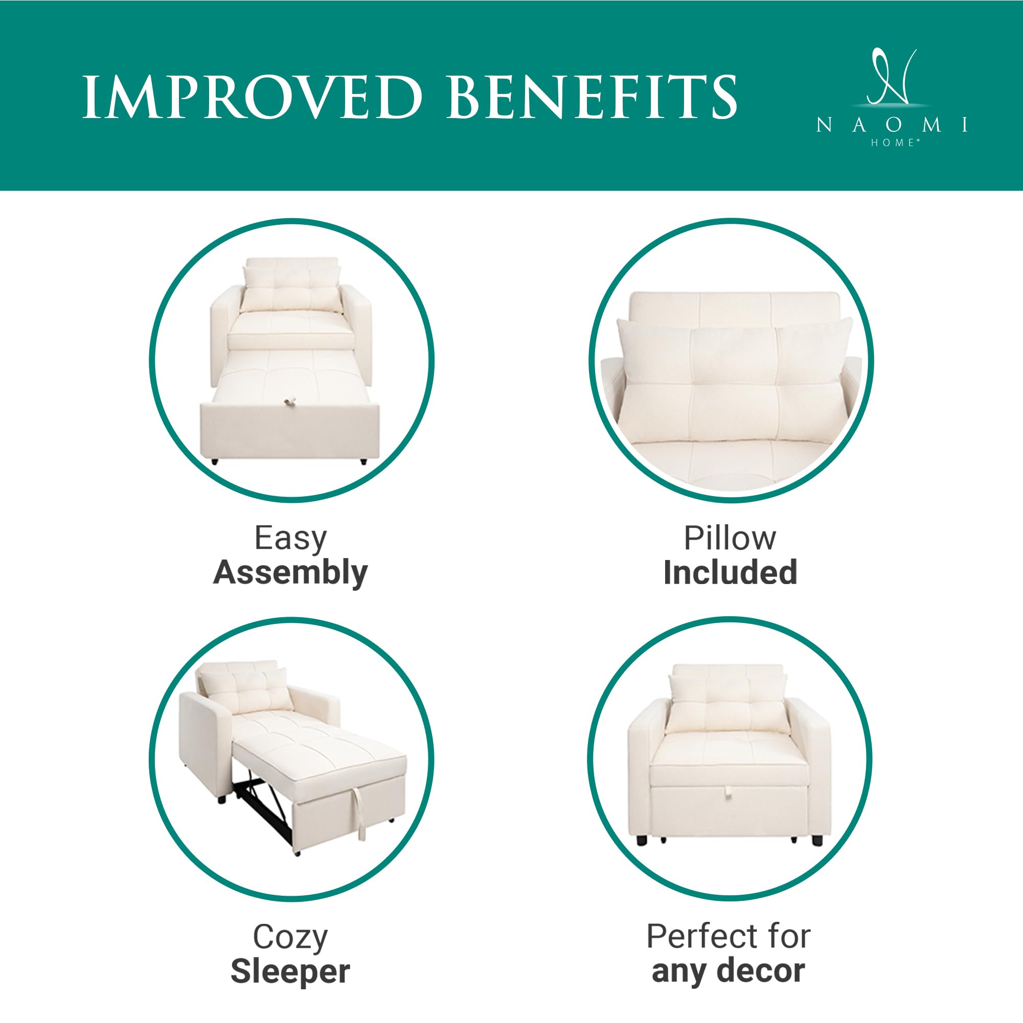 3-in-1 Convertible Sofa Chair Bed for Adults - Foldable Adjustable Backrest Linen Futon - Modern Pull Out Sleeper Sofa for Living Room, Guest Room & Small Spaces (Cream)