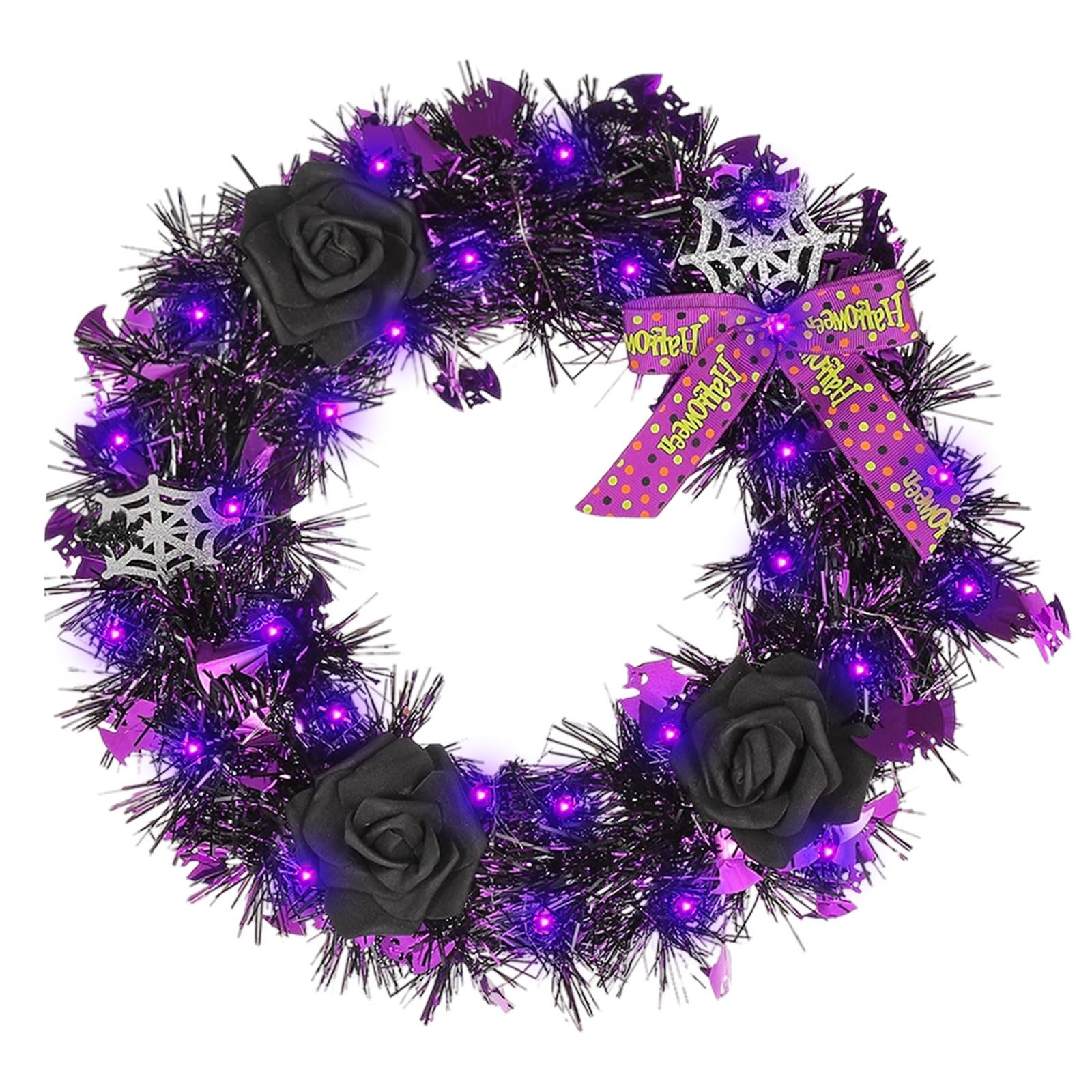 13 Inch Halloween Wreath with Lights - Spider Web & Black Rose Front Door Decor for Indoor Window, Party, Wall, Home | Perfect for Halloween Parties, Front Door Greeting & Seasonal Home Decoration