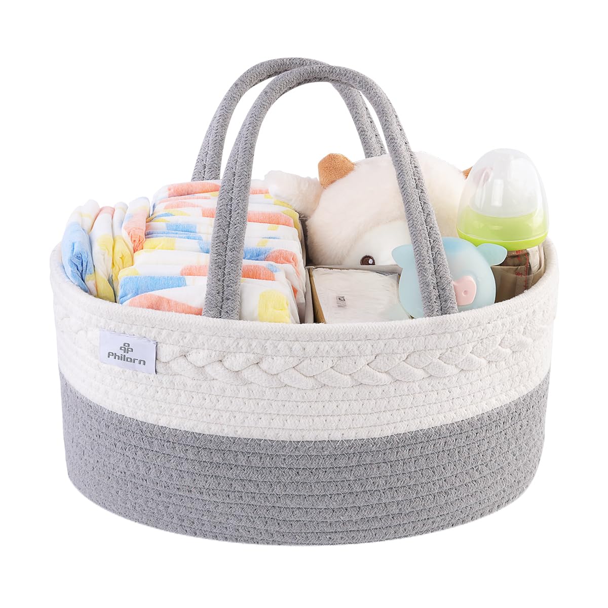 PHILORN Cotton Rope Diaper Caddy Organizer with Dividers - Woven Nursery Storage Basket for Baby Essentials | Perfect for Changing Table, Car & Baby Shower Gifts (Baby Registry Must-Have)