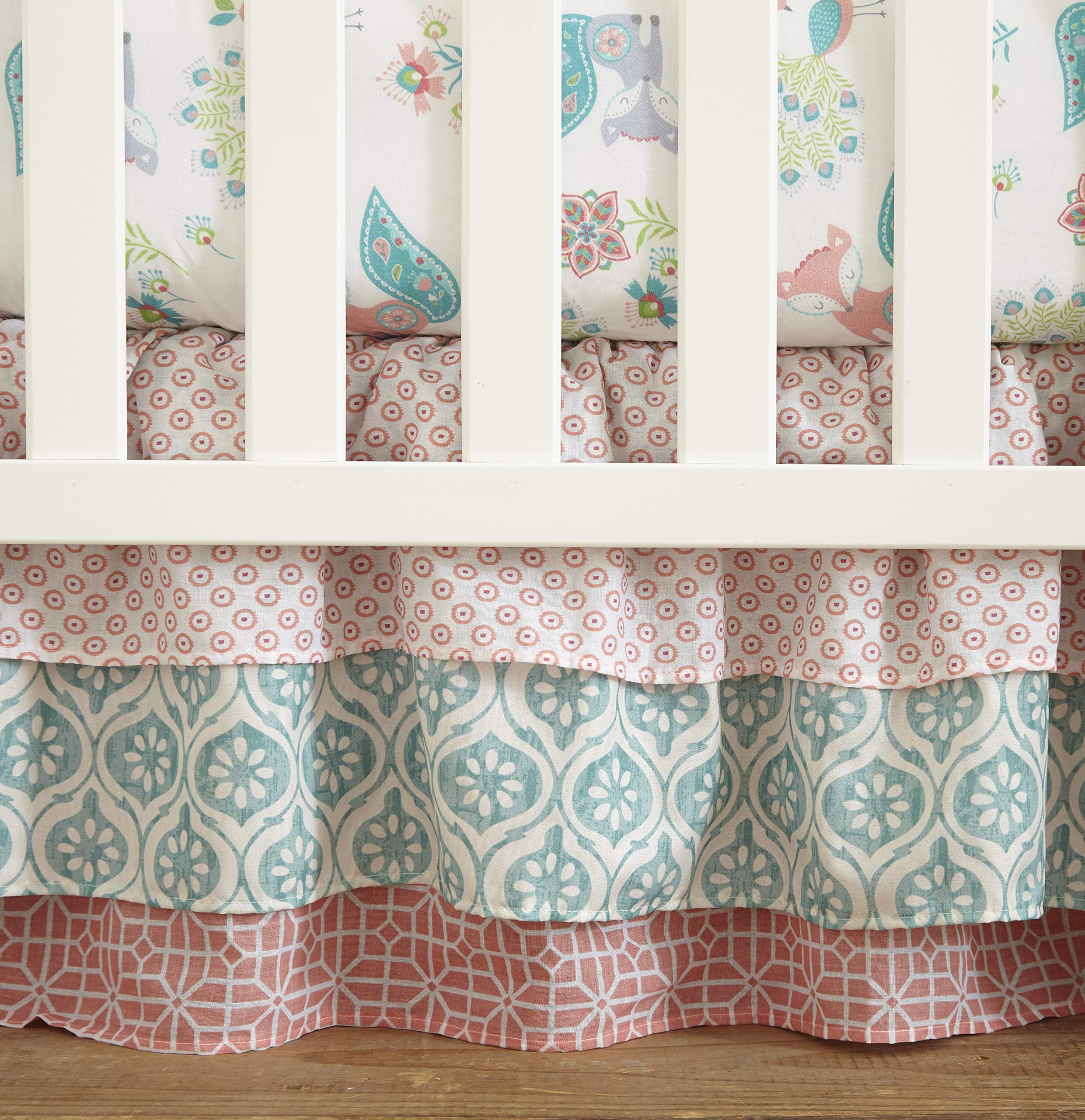 Levtex Baby Fiona 5-Piece Crib Bedding Set - Pink, Teal & White Woodland Forest Theme Nursery Collection - Includes Quilt, 2 Fitted Sheets, Wall Decal & Dust Ruffle - Perfect for Baby Shower Gifts & Nursery Decor
