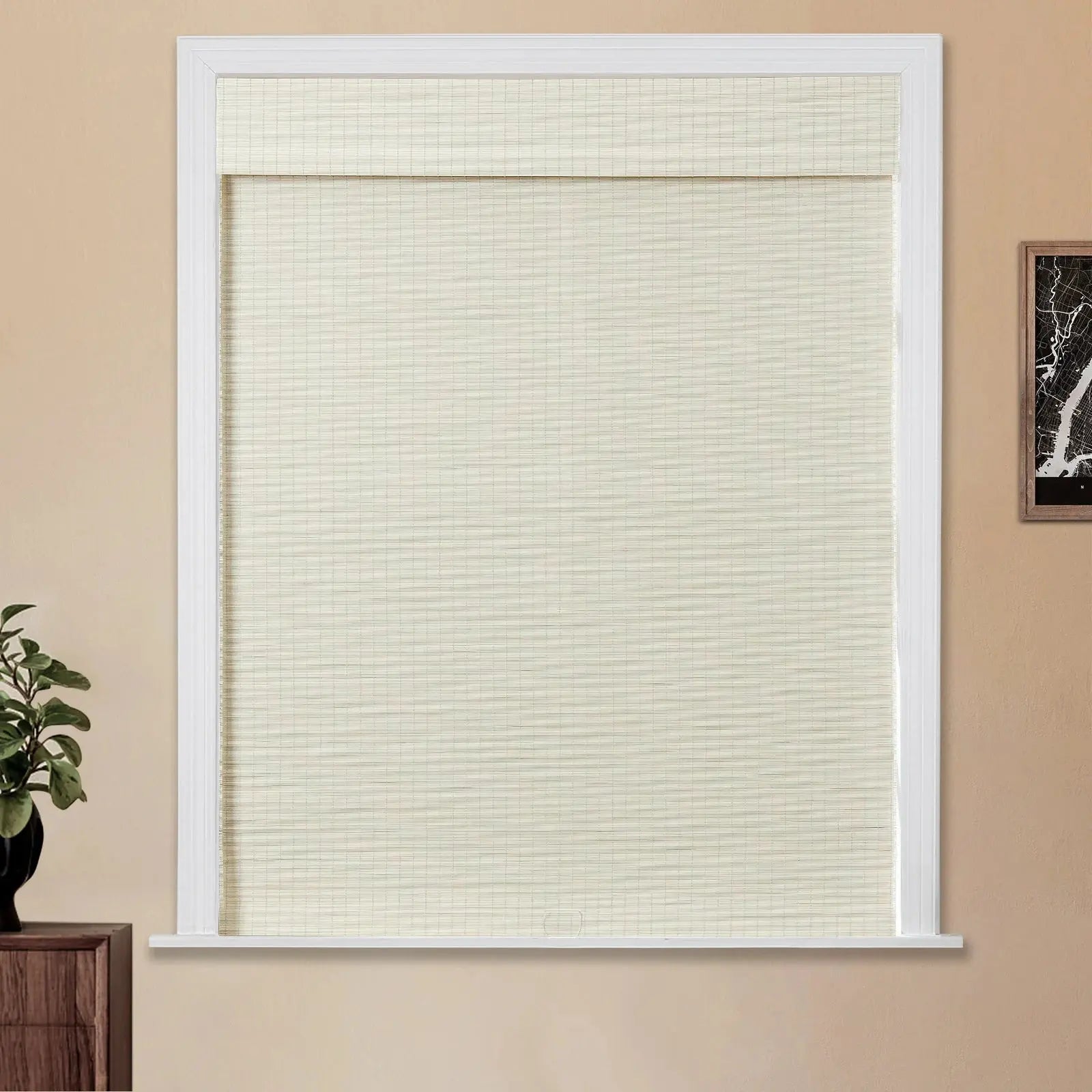 Sybil Bamboo Roman Shade - Ivory White Window Treatment for Living Room & Bedroom | Natural Light Filtering & Privacy