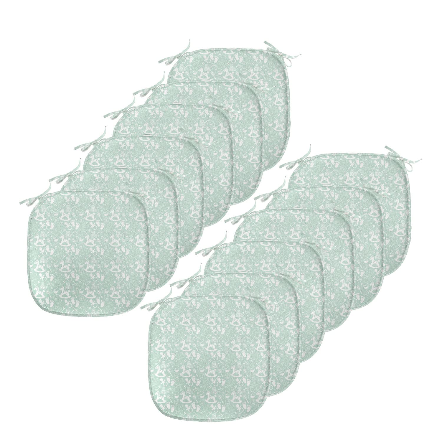Lunarable Mint Chair Cushion Set of 12 - Non-Slip Seat Pads with Vintage Birth Shower Footprint Design, 16x16 Inch, Seafoam White - Perfect for Kitchen, Dining Room & Outdoor Patio Furniture