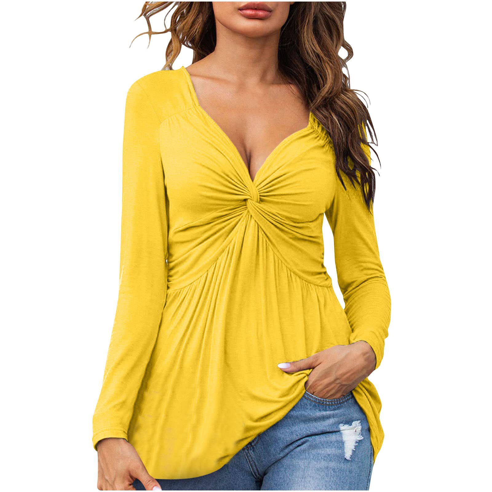 Sexy Deep V Neck Women's T-Shirts - Long Sleeve Solid Color Basic Tee Blouses for Fall Casual Wear | Pullover Tops for Date Night & Office Outfits