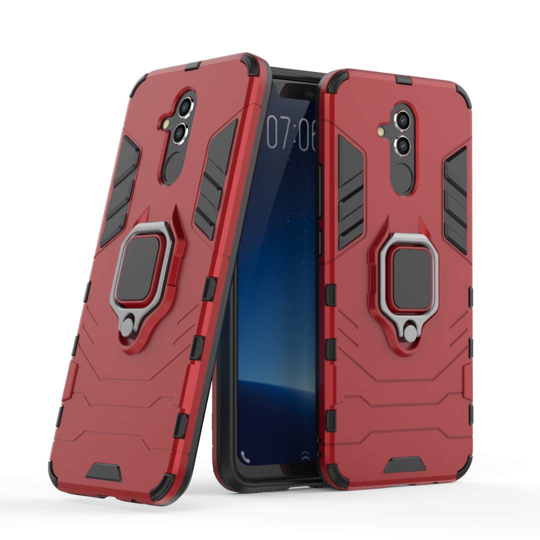 Shockproof Rugged Dual Layer Case for Huawei Mate 20 Lite with Metal Ring Grip & Kickstand - Compatible with Magnetic Car Mount - Durable Hard Bumper Shell (Red) - Perfect for Outdoor Activities, Travel & Daily Protection