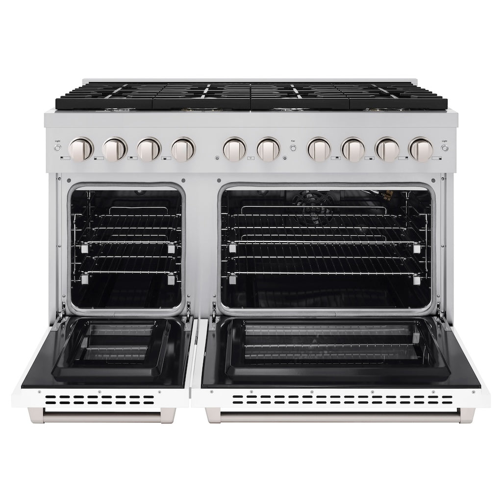 ZLINE 48-inch 6.7 cu. ft. Stainless Steel Double Oven Gas Range with 8-Burner Cooktop & White Matte Doors (SGR WM 48) - Perfect for Large Family Kitchens & Professional Cooking