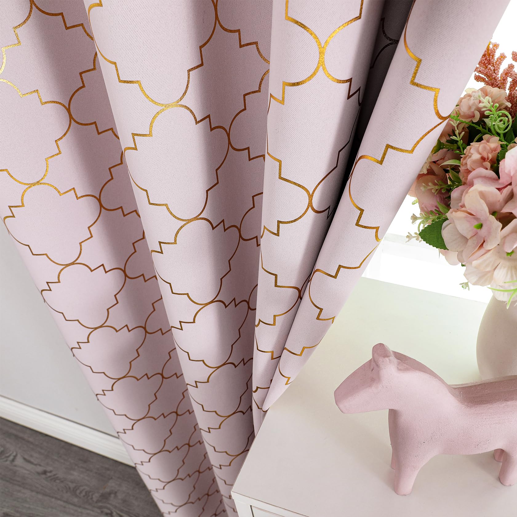 Enactex 100% Blackout Thermal Insulated Curtains - 95 Inch Long Pink Drapes with Gold Geometric Pattern, Room Darkening Grommet Window Panels for Girls Bedroom & Living Room | Perfect for Light Blocking, Privacy & Energy Efficiency