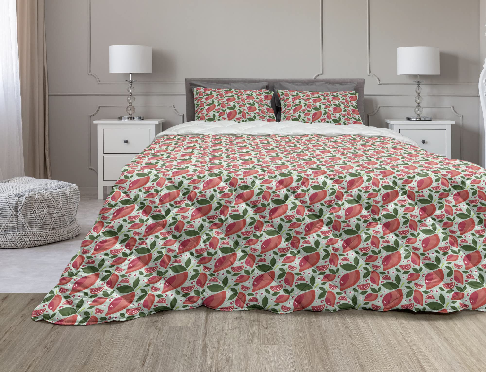 Ambesonne Floral Comforter & Sham Bedding Set - Citrus Fruit Garden Print, 2-Piece Microfiber Duvet Cover with Filling, Twin XL Size in Coral Mint Green & Emerald - Perfect for Spring & Summer Bedroom Decor