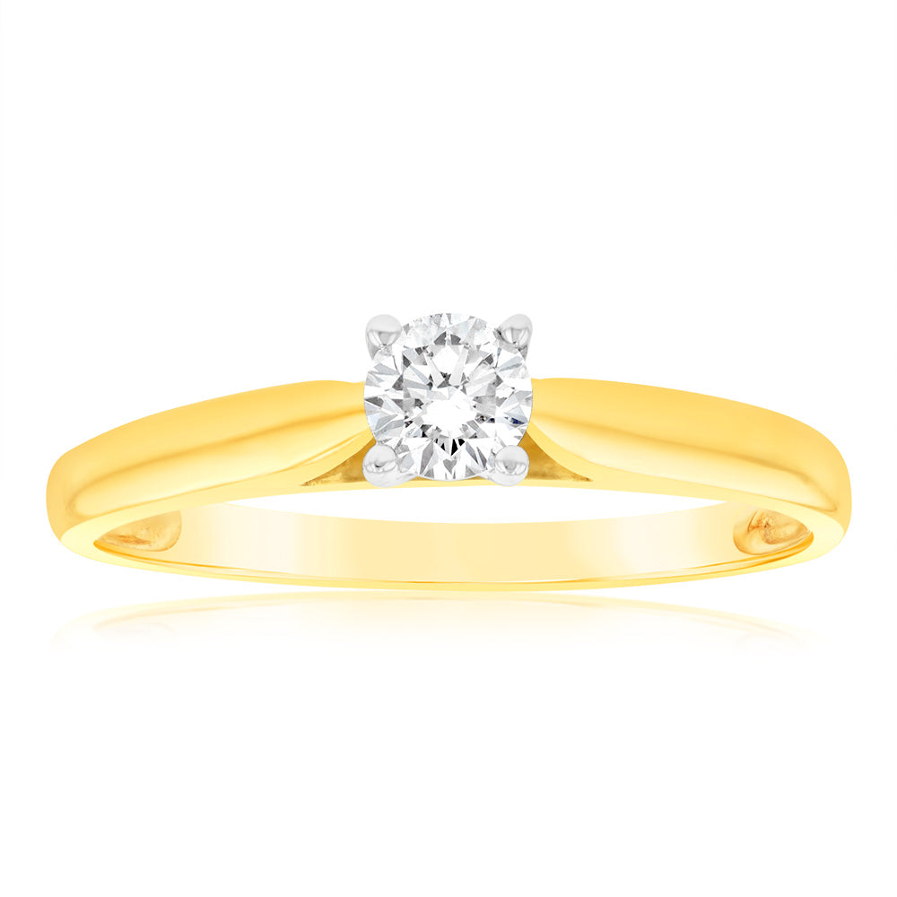 9ct Yellow Gold & White Gold Solitaire Ring with 0.2 Carat Diamond - Elegant Engagement & Wedding Ring for Women - Perfect for Proposals, Anniversaries & Special Occasions