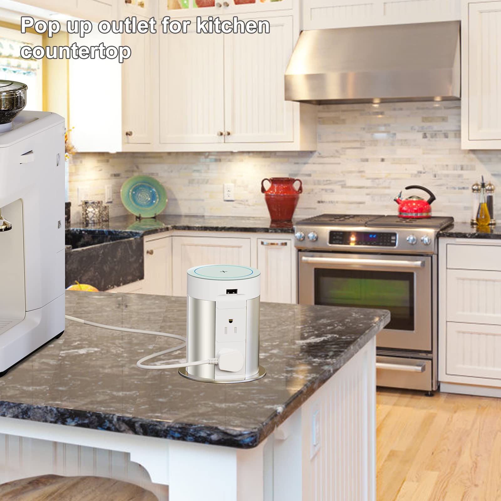 Pop Up Power Outlet with 5W Wireless Charger - 4 AC Outlets & 2 USB Ports - Hidden Countertop Charging Station for Kitchen, Office, Conference Room - ETL Certified - Perfect for Home, Workspace and Meeting Areas
