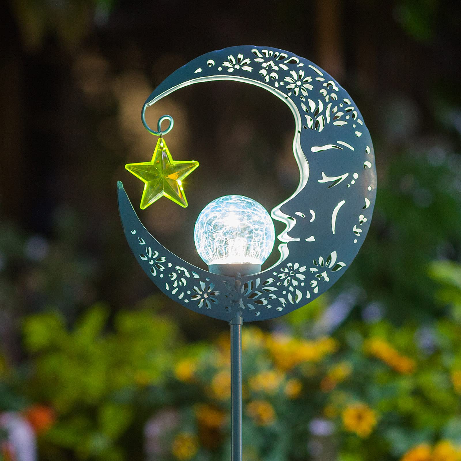 Hapjoy Outdoor Solar Lights for Garden, Patio, Lawn & Pathway - Crackle Glass Globe Stake Metal Lights with Warm LED, Waterproof Moon Decorations - Perfect for Backyard, Walkway & Landscape Lighting (Blue)