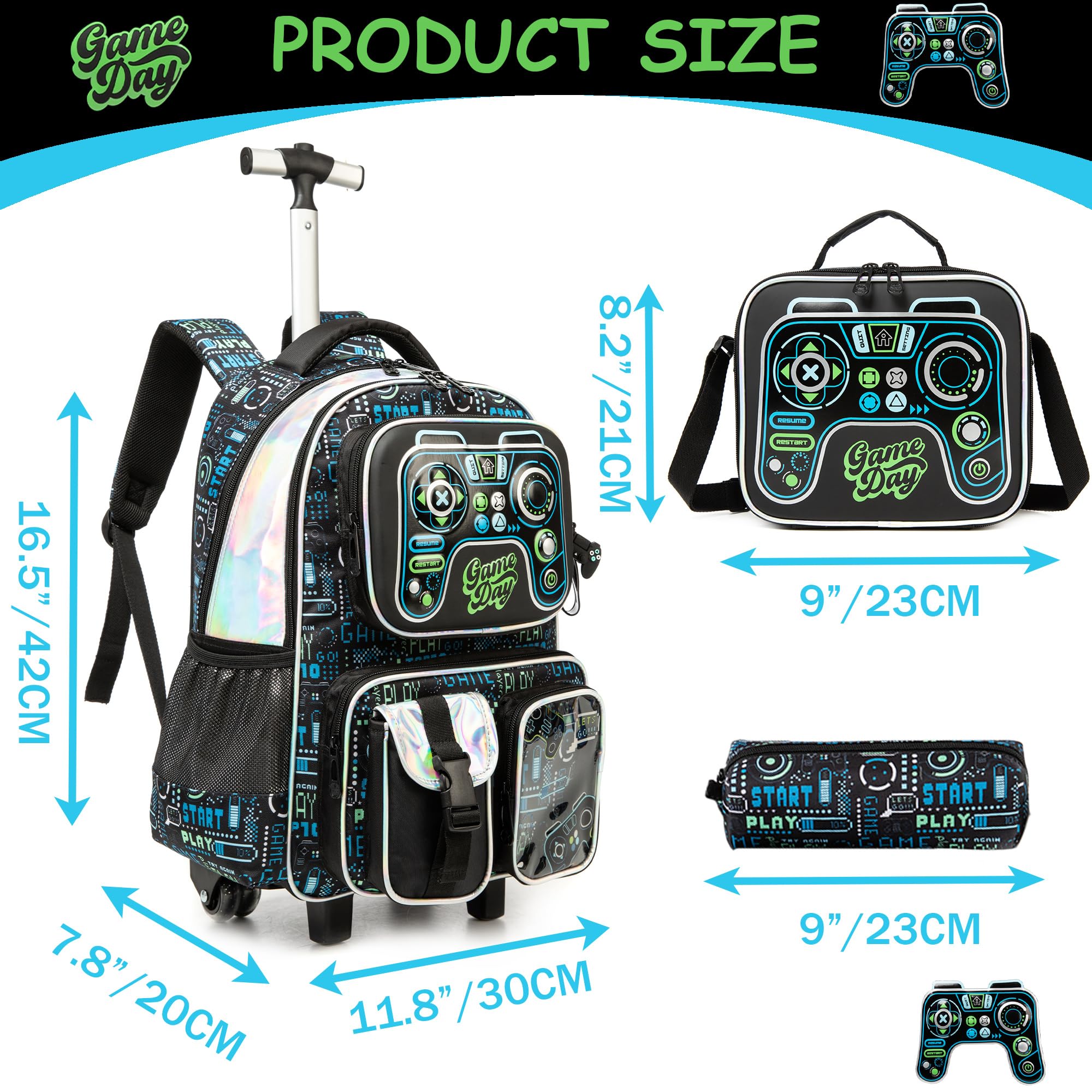 Meetbelify Kids Rolling Backpack with Wheels - 3-in-1 School Travel Luggage for Boys Age 8-10 | Includes Lunch Box & Suitcase Features | Perfect for Elementary Students, Airplane Trips & Daily Commute