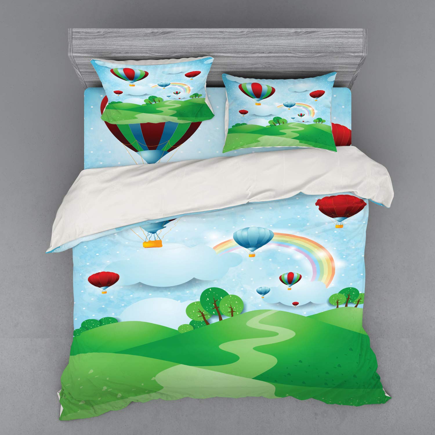 Ambesonne 4-Piece King Size Rainbow Bedding Set - 3D Hot Air Balloons & Mountain Landscape Duvet Cover with Pillow Shams & Fitted Sheet, Vibrant Multicolor Design for Modern Bedroom Decor | Perfect for Guest Rooms, Kids' Rooms & Bohemian Style Homes