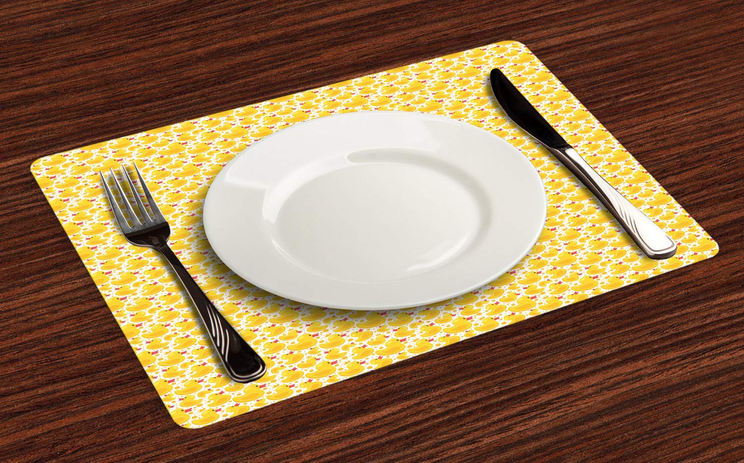 Ambesonne Yellow Bird Place Mats Set of 4 - Duck & Polka Dot Themed Washable Fabric Placemats for Dining Table, Standard Size (Mustard & Dark Coral) - Perfect for Kitchen, Breakfast Nook, and Outdoor Picnics
