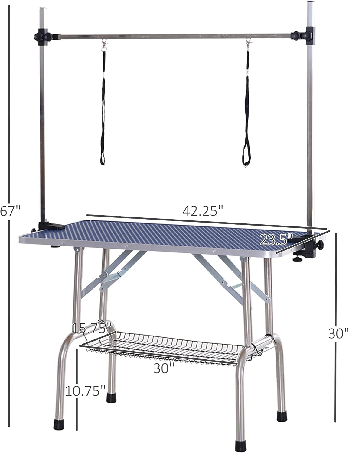 Foldable Stainless Steel Pet Grooming Table for Dogs - Heavy Duty 330lbs Capacity, Adjustable Height with Overhead Arms, Noose & Mesh Tray - 42 Inch Blue Professional Dog Bathing & Drying Station - Perfect for Home Grooming, Pet Salons & Veterinary Clinics