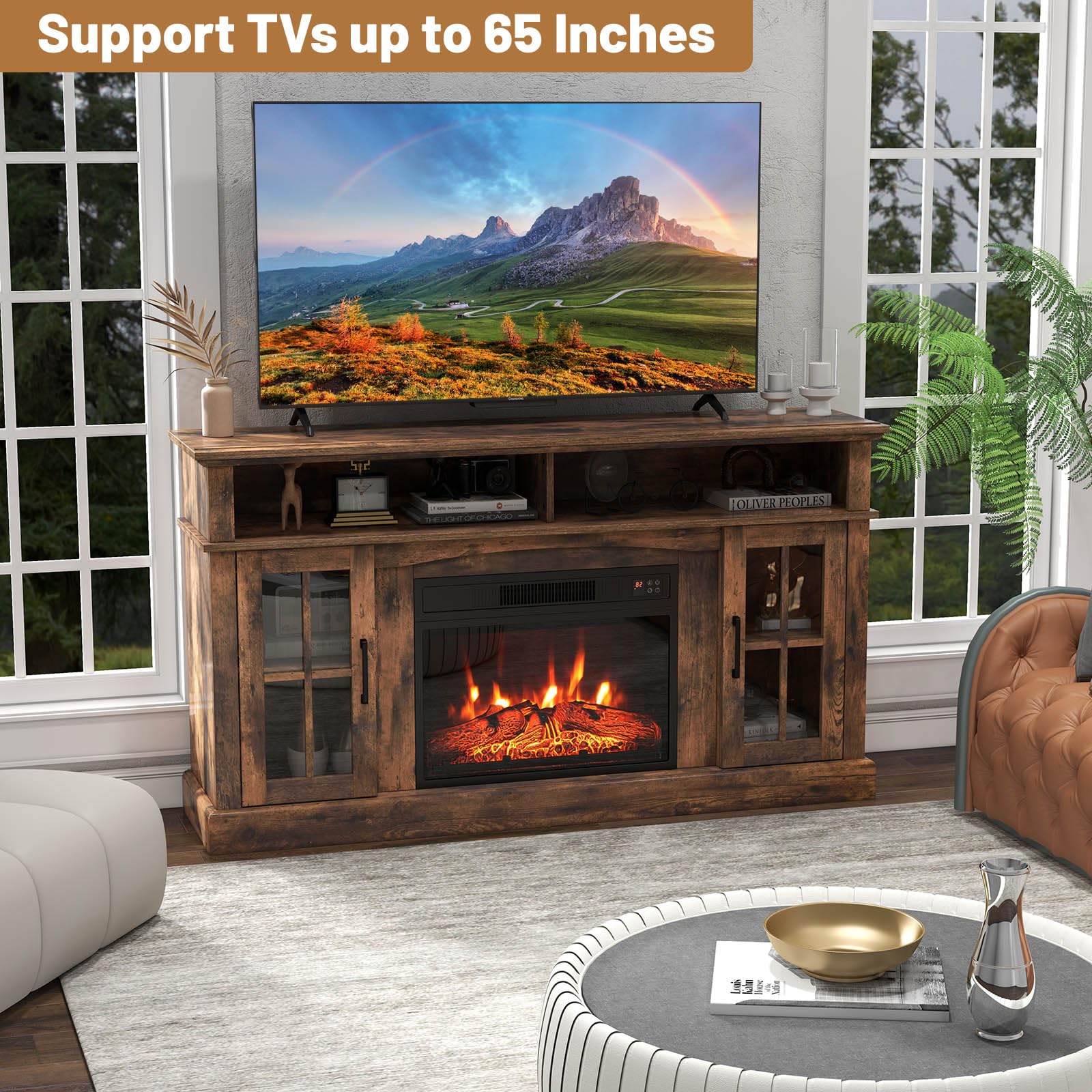 COSTWAY 65 Inch Electric Fireplace TV Stand with 1400W Heater, Remote Control & Adjustable Shelves - 6H Timer, 3 Flame Levels, Overheat Protection, CSA Certified (Brown) - Perfect for Living Room, Bedroom & Home Office