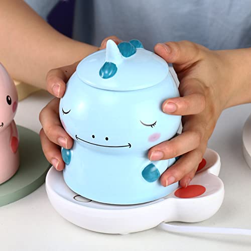 Dinosaur 3D Ceramic Coffee Mug with Spoon - 450ml Kids Milk Cup for Girls & Boys, Dinosaur Blue Smile Design - Perfect for Birthday Party Gifts, Home Use & Daily Coffee/Tea Drinking
