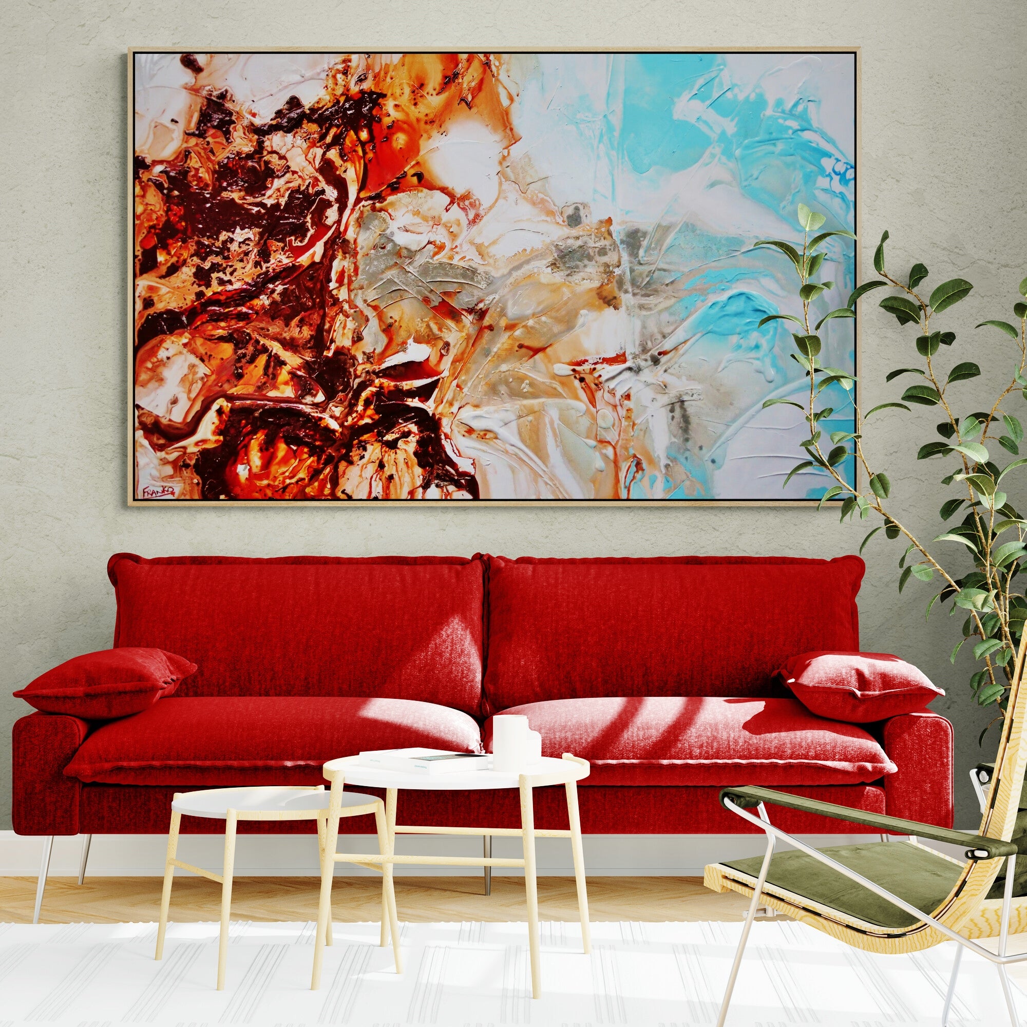 160cm Oxide Rust Pastel Blue Textured Abstract Coastal Landscape Painting - Modern Wall Art for Living Room, Bedroom & Office Decor