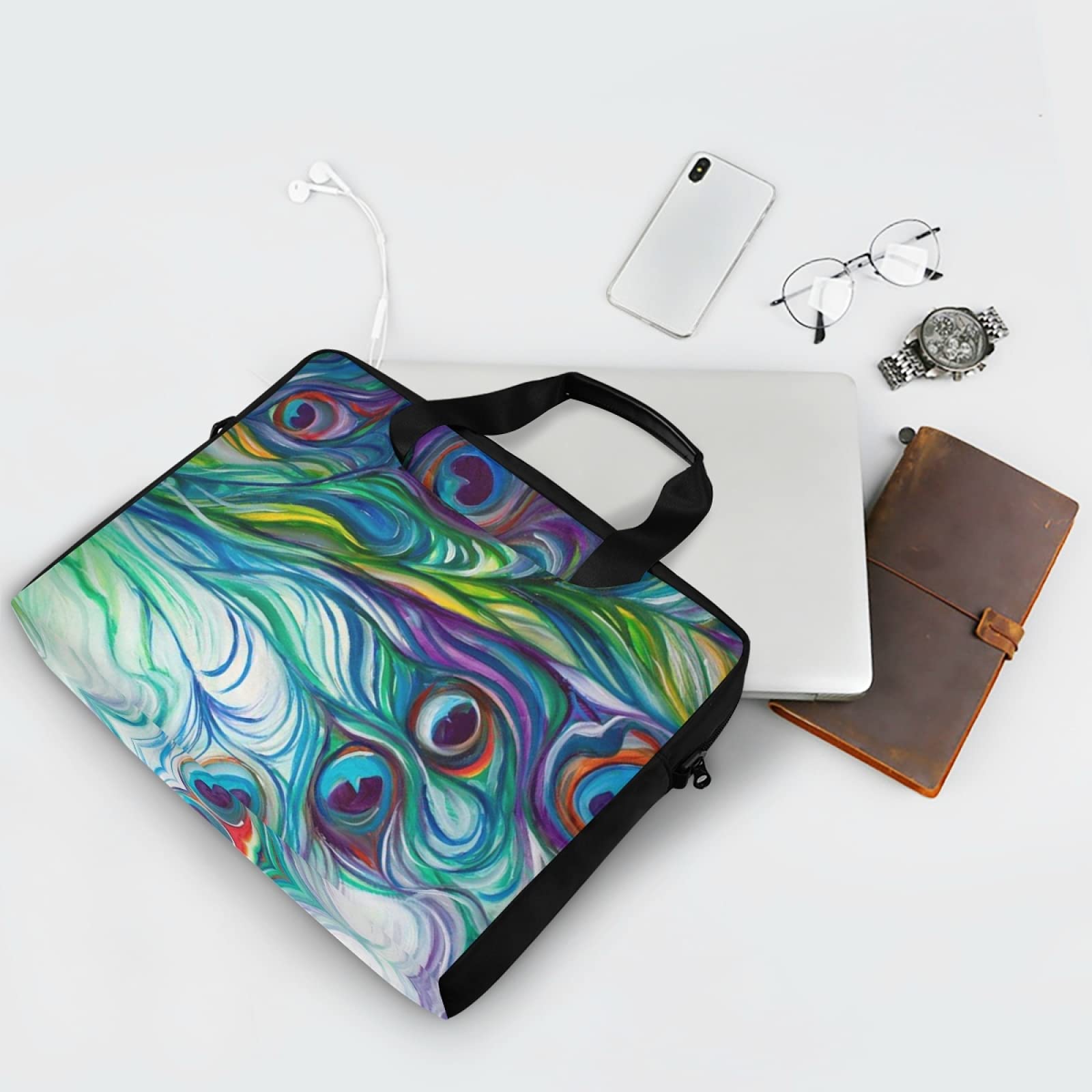Stylish Peacock Feather Print Laptop Messenger Bag - 13 14 15.6 Inch Crossbody Briefcase with Adjustable Shoulder Strap for Men & Women - Perfect for Work, School, Travel & Business Meetings