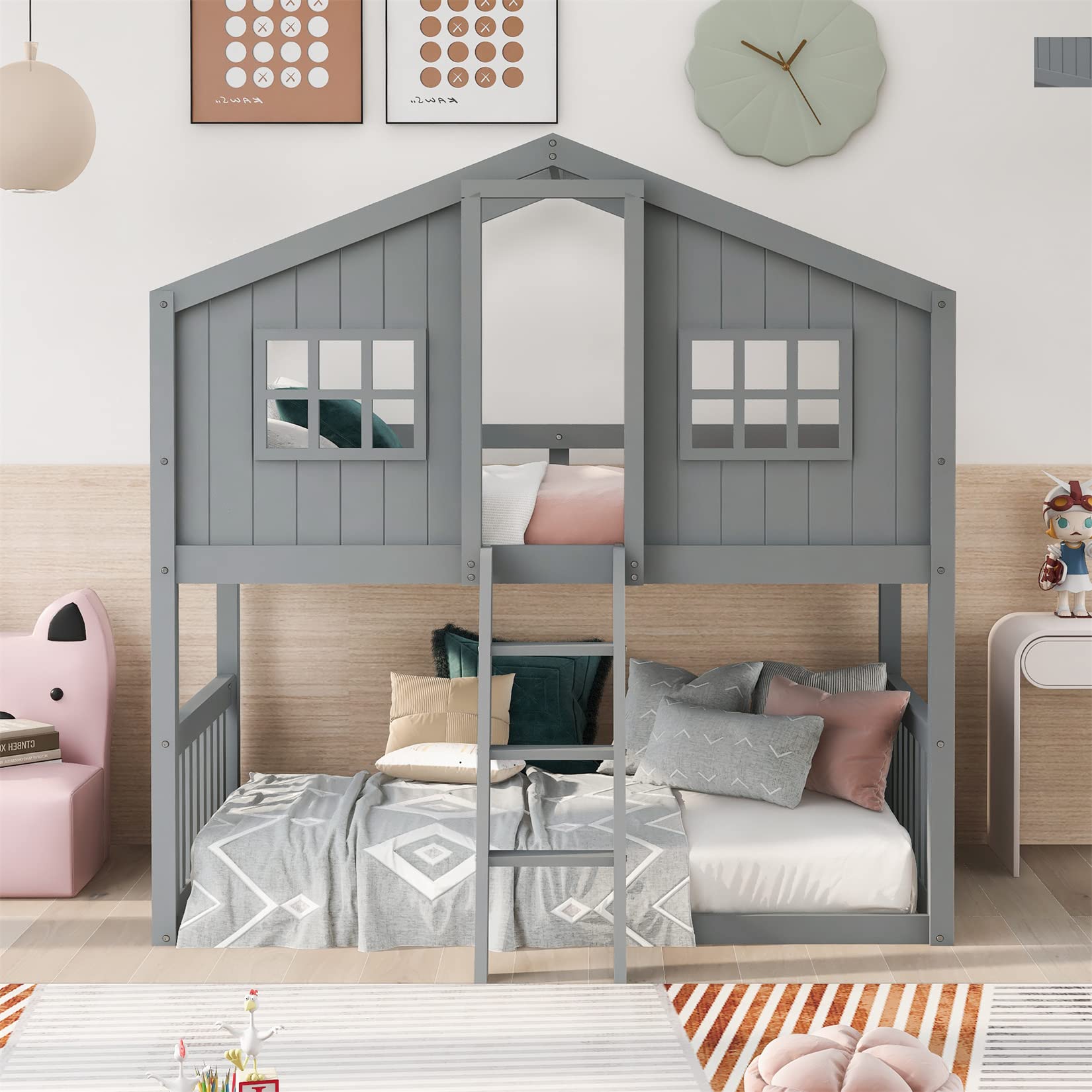 Bellemave Twin Over Twin Low Bunk Beds - Wooden Playhouse Loft Bed Frame for Kids, Boys, Girls & Teens - Space-Saving Gray Bunk Bed for Small Rooms, Shared Kids Bedroom & Sleepovers