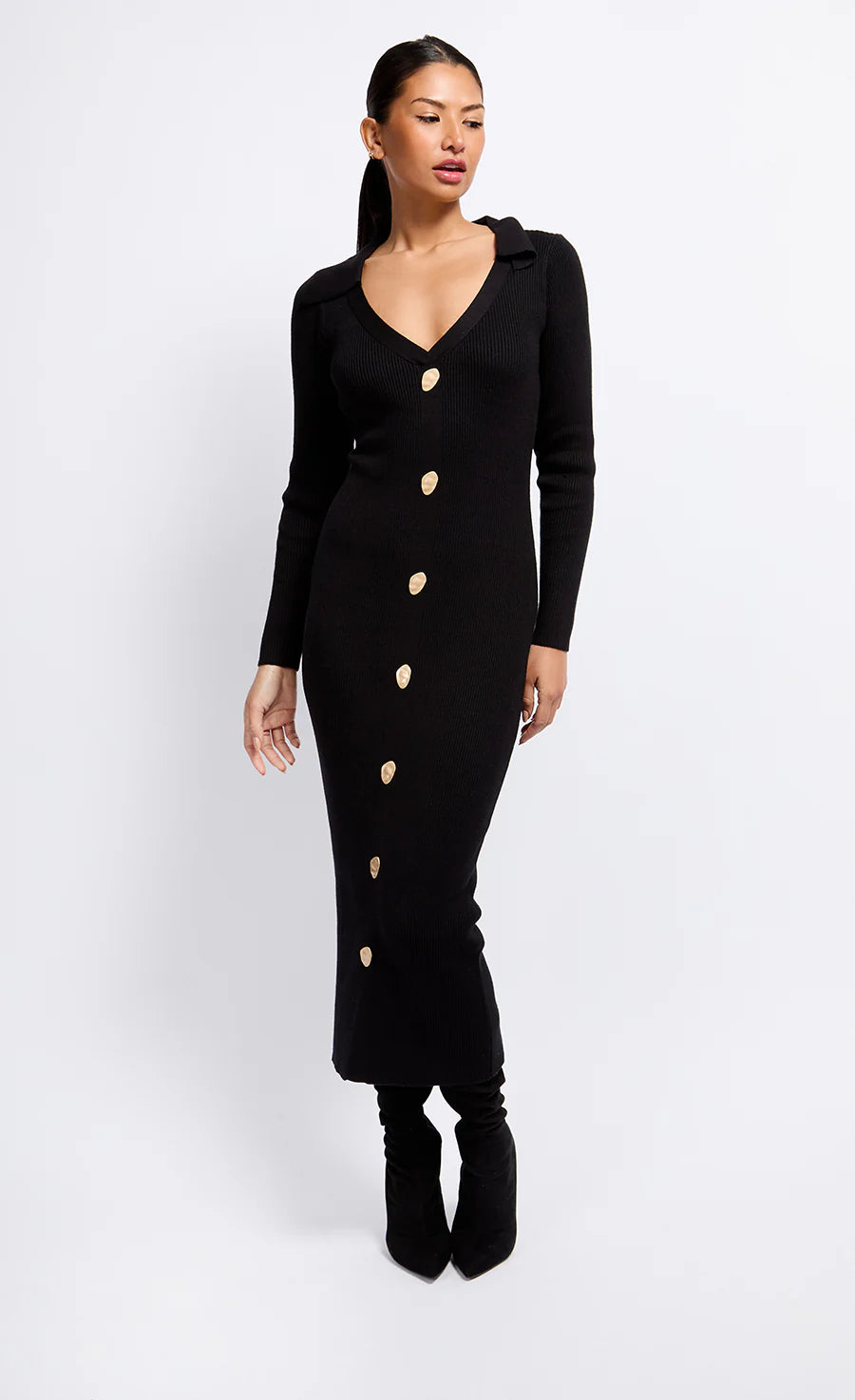Layla Knit Midaxi Dress for Women - Elegant Black Stretch Midi Dress for Casual Wear, Office, and Evening Outfits