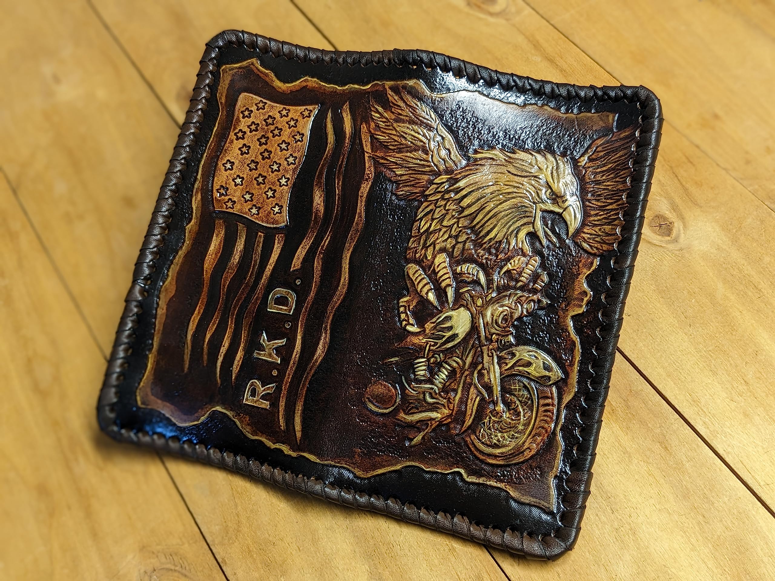 Handcrafted Genuine Leather Biker Wallet for Men - 3D Carved American Flag & Eagle Design - Custom Personalized Long Wallet - Perfect for Motorcycle Riders & Patriotic Gifts