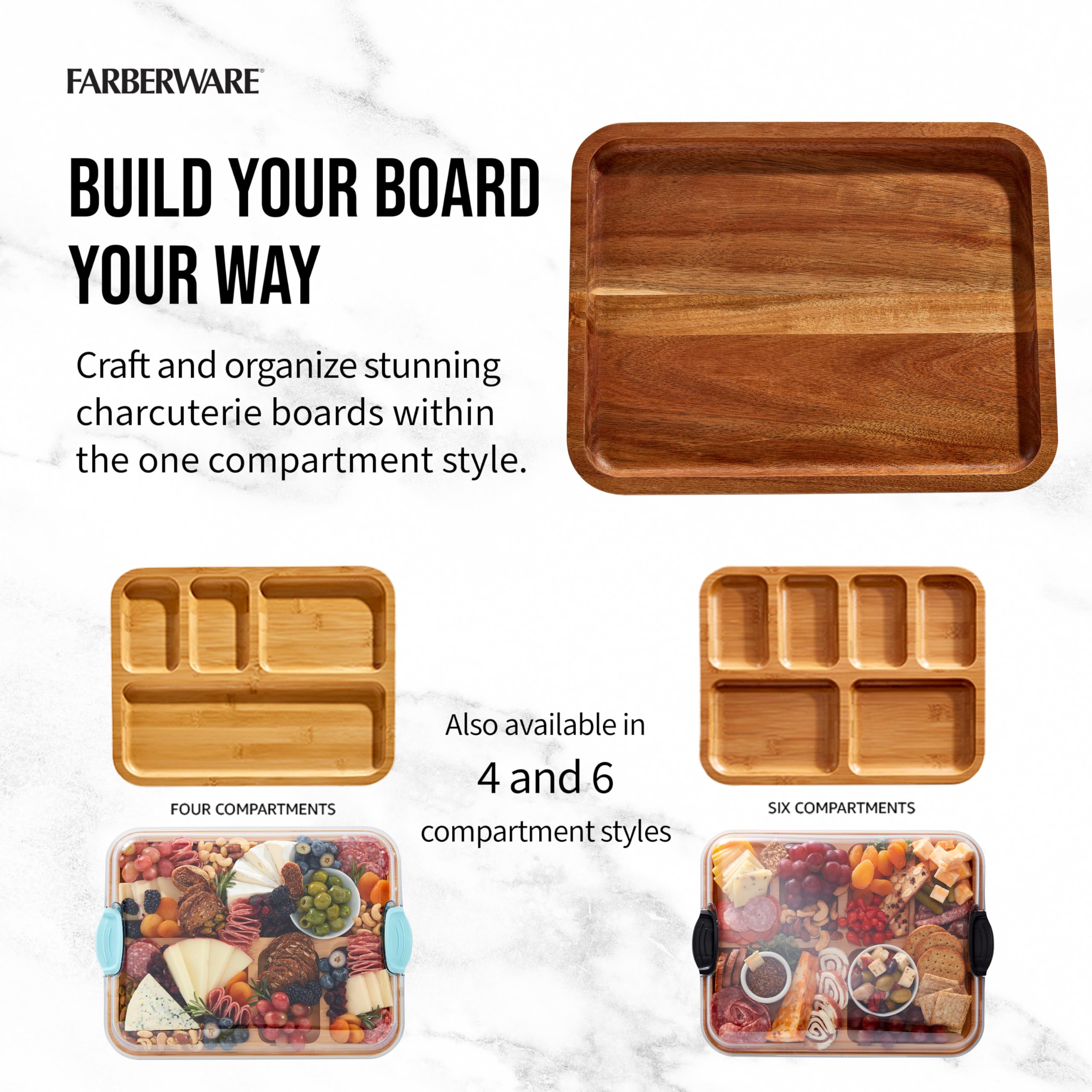 Farberware Acacia Wood Cutting Board with Built-in Compartments & Locking Lid - Charcuterie Board for Cheese, Charcuterie, Snacks - Perfect for Entertaining, Kitchen Prep & Serving