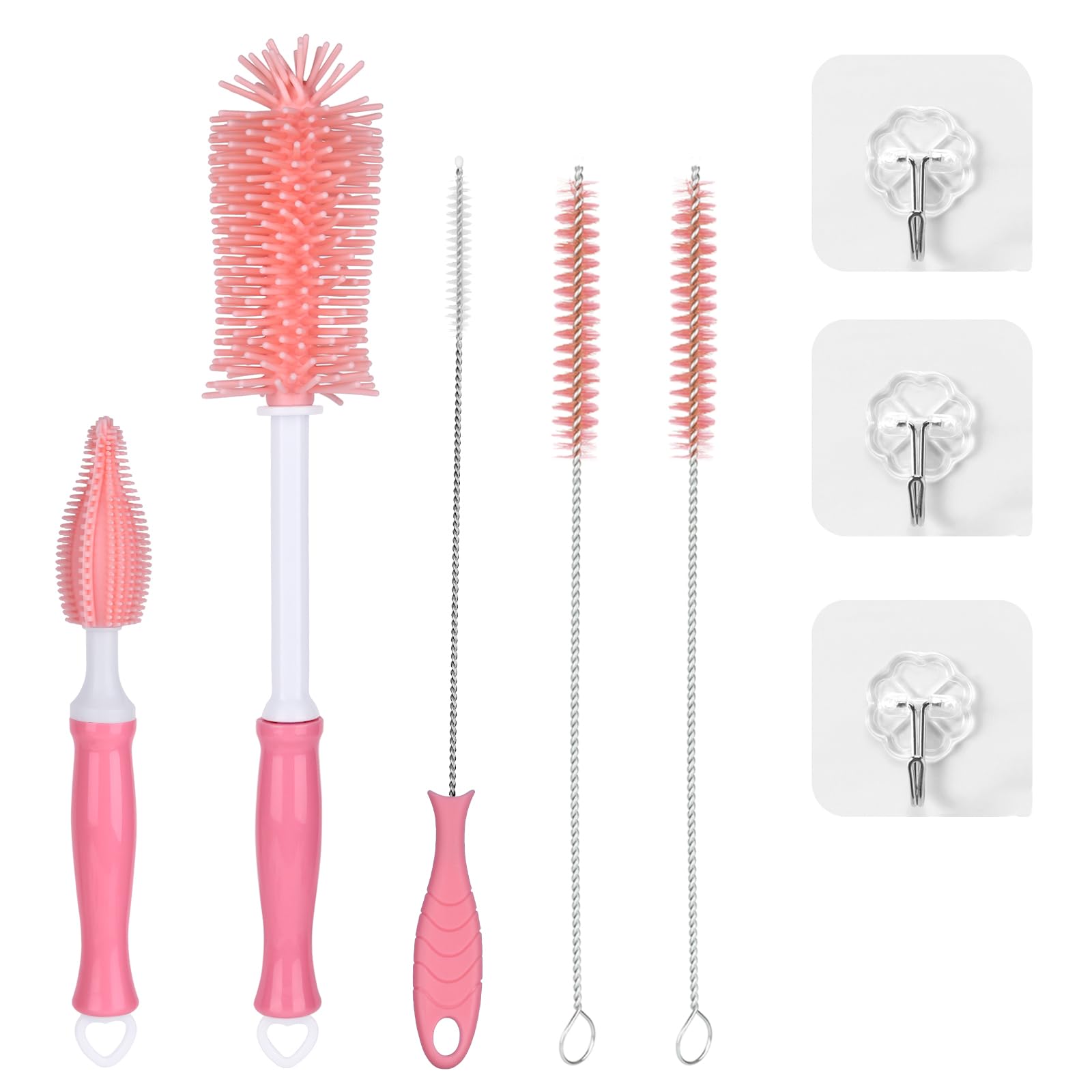 **Silicone Cleaning Brush Set - Food-Grade Dishwasher Safe Bottle & Crevice Scrubber - Durable Household Cleaning Brushes for Kitchen, Baby Bottles & Hard-to-Reach Areas (Pink)**