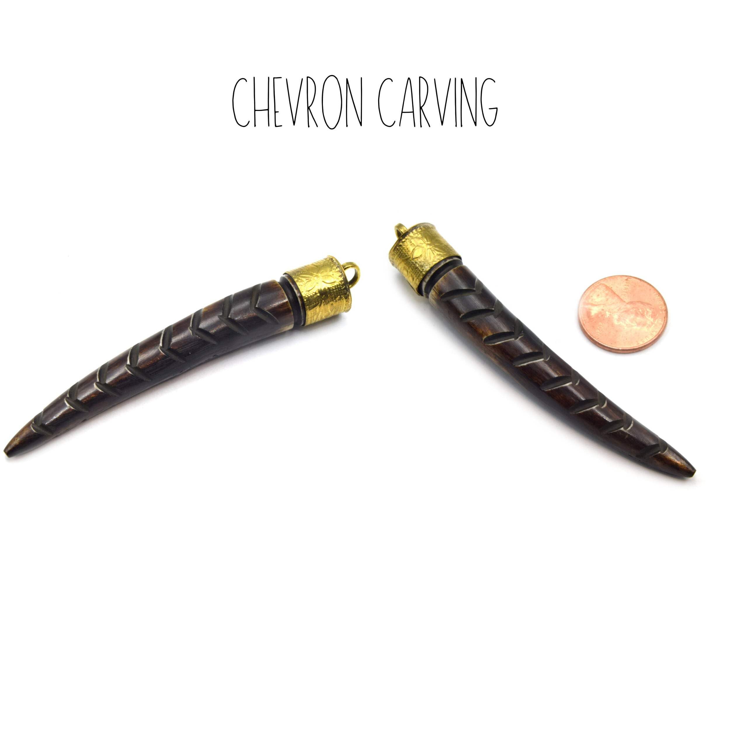 Handmade Ox Bone Tusk Pendant - Skinny Claw Shape with Floral Cap & Ribbed Carving - Brown Focal Jewelry for Necklace Making, Boho Style, Gift Giving