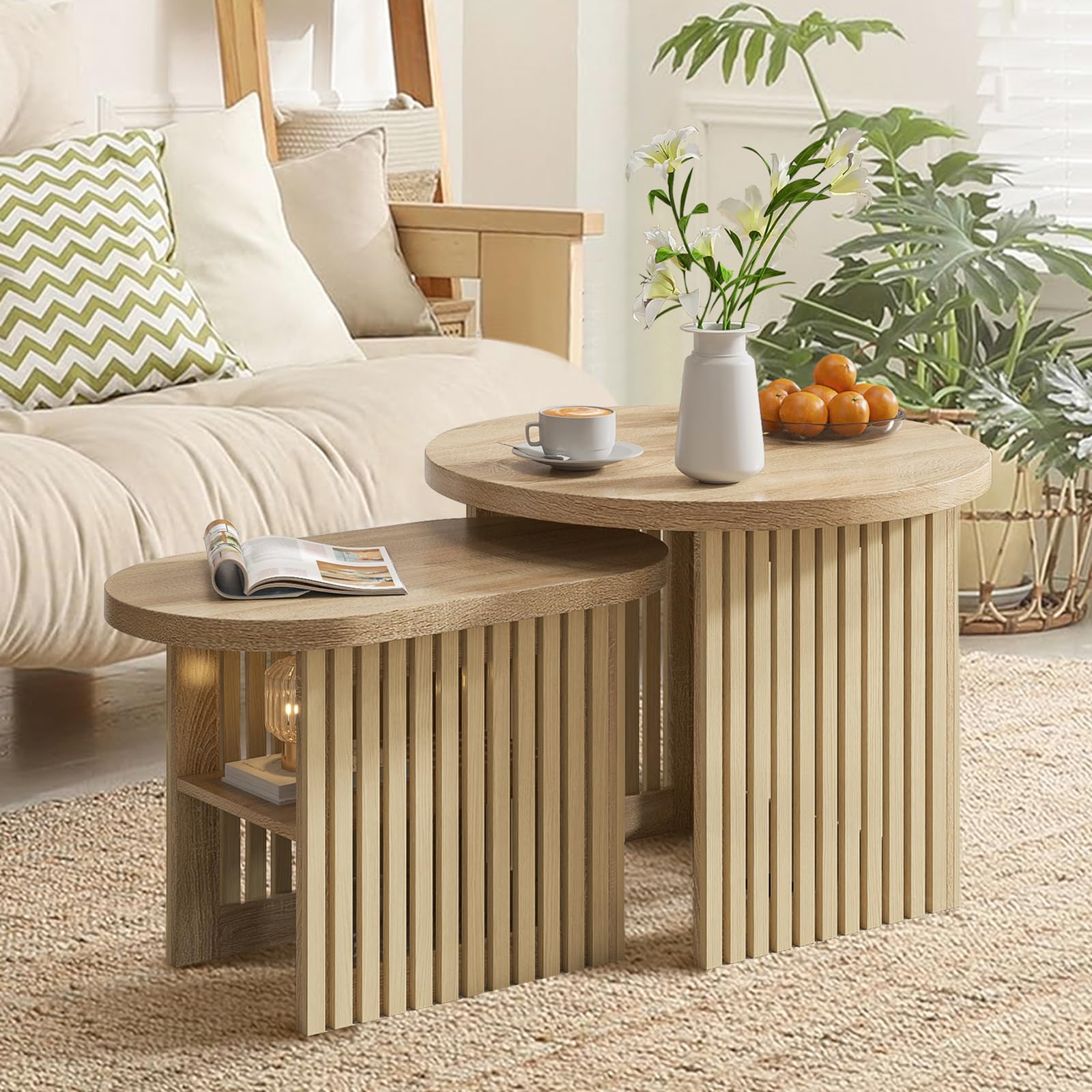 Modern Round Nesting Coffee Table Set of 2 with Fluted Panel & Storage Shelf - Natural Wood Living Room Accent Tables for Small Spaces, Sofa Side Tables, Home Decor