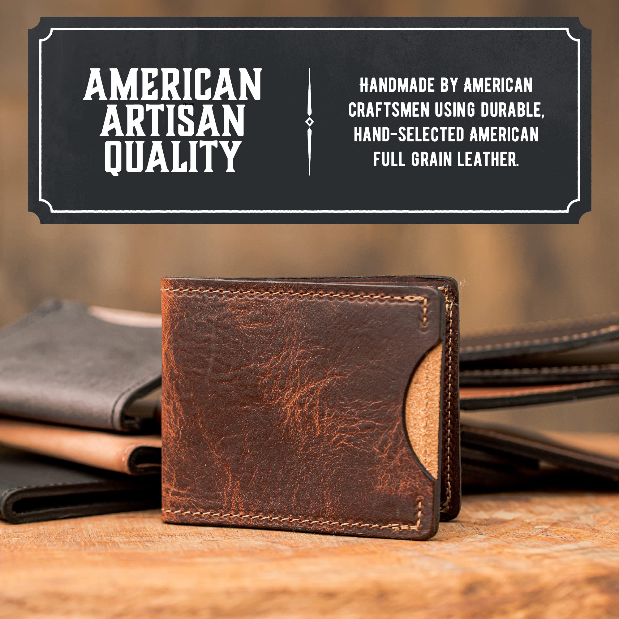 Premium Full Grain Leather Slim Bifold Wallet for Men - Made in USA | Minimalist Front Pocket Wallet in Tobacco Snakebite Brown | Perfect for Everyday Carry, Travel & Business (男士超薄双折钱包)