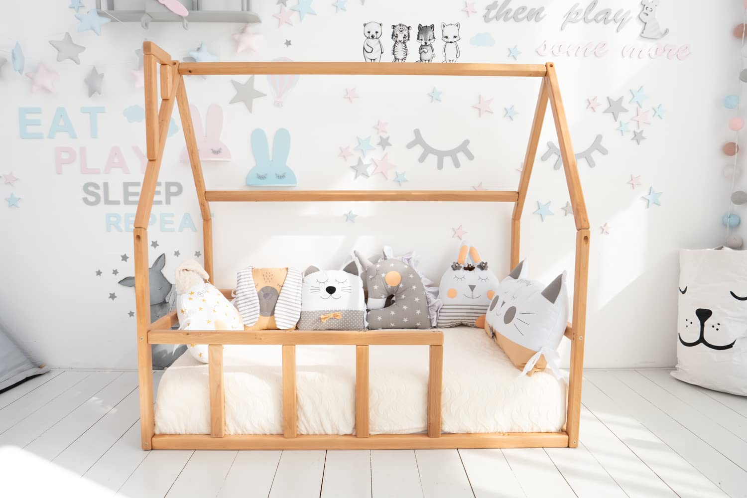 Montessori Toddler Floor Bed with Rails - Twin/Full/Queen/King Size - Kids Bedroom Furniture for Sweet House