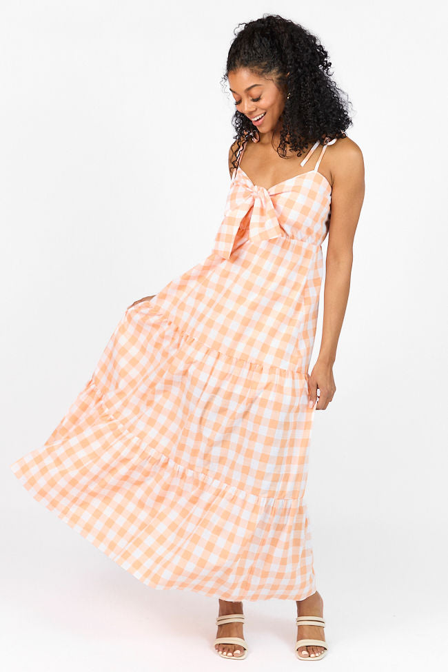 Checked Out Orange Gingham Tie Front Maxi Dress - Women's Summer Floral Print Long Dress for Beach, Vacation & Casual Wear - FINAL SALE