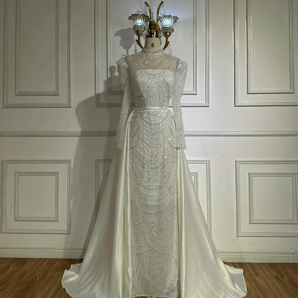 Luxury Dubai White Muslim Mermaid Evening Dress with Detachable Overskirt - Formal Gown for Weddings, Parties & Special Occasions - LA72032L