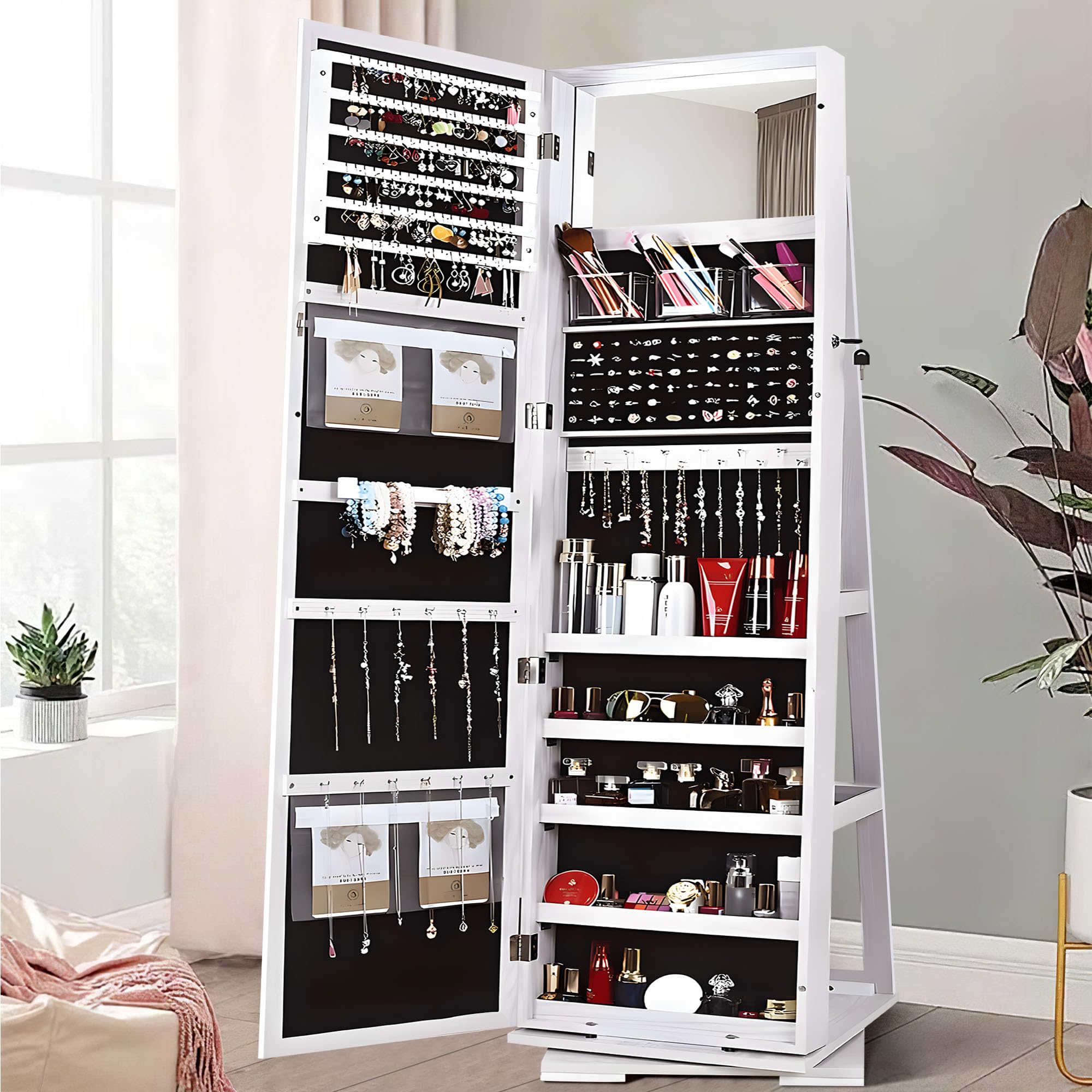 SOGES 360° Swivel Full Length Jewelry Mirror Cabinet with Lockable Storage & Rotating Organizer - White | Standing Mirror with Back Shelves for Jewelry Display & Bedroom Decor
