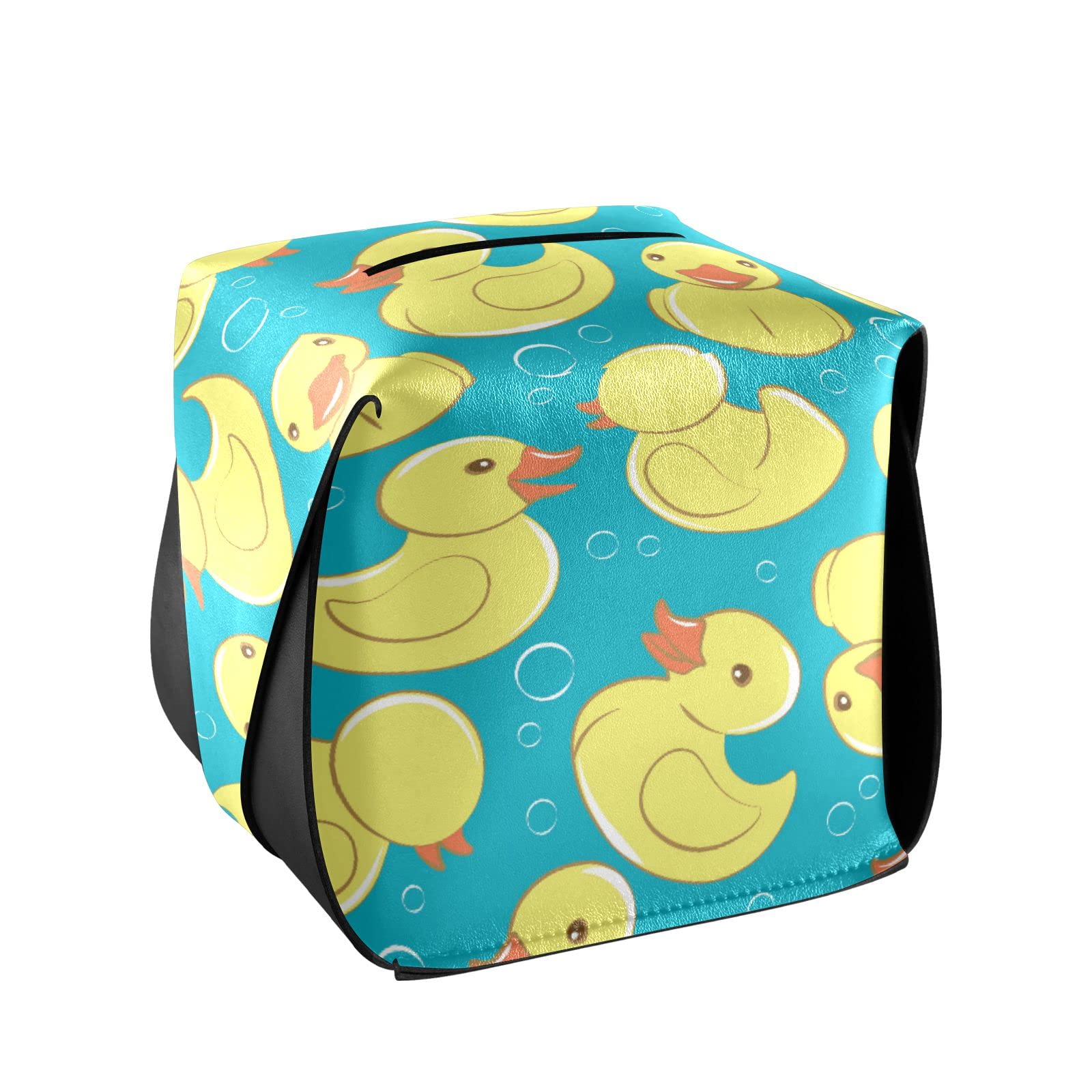 Yellow Rubber Duck Tissue Box Cover - PU Leather Square Napkin Holder with Handle for Office, Car, Bathroom & Home Decor - Cute Duck Design for Kids Room, Baby Shower Gift & Party Decorations