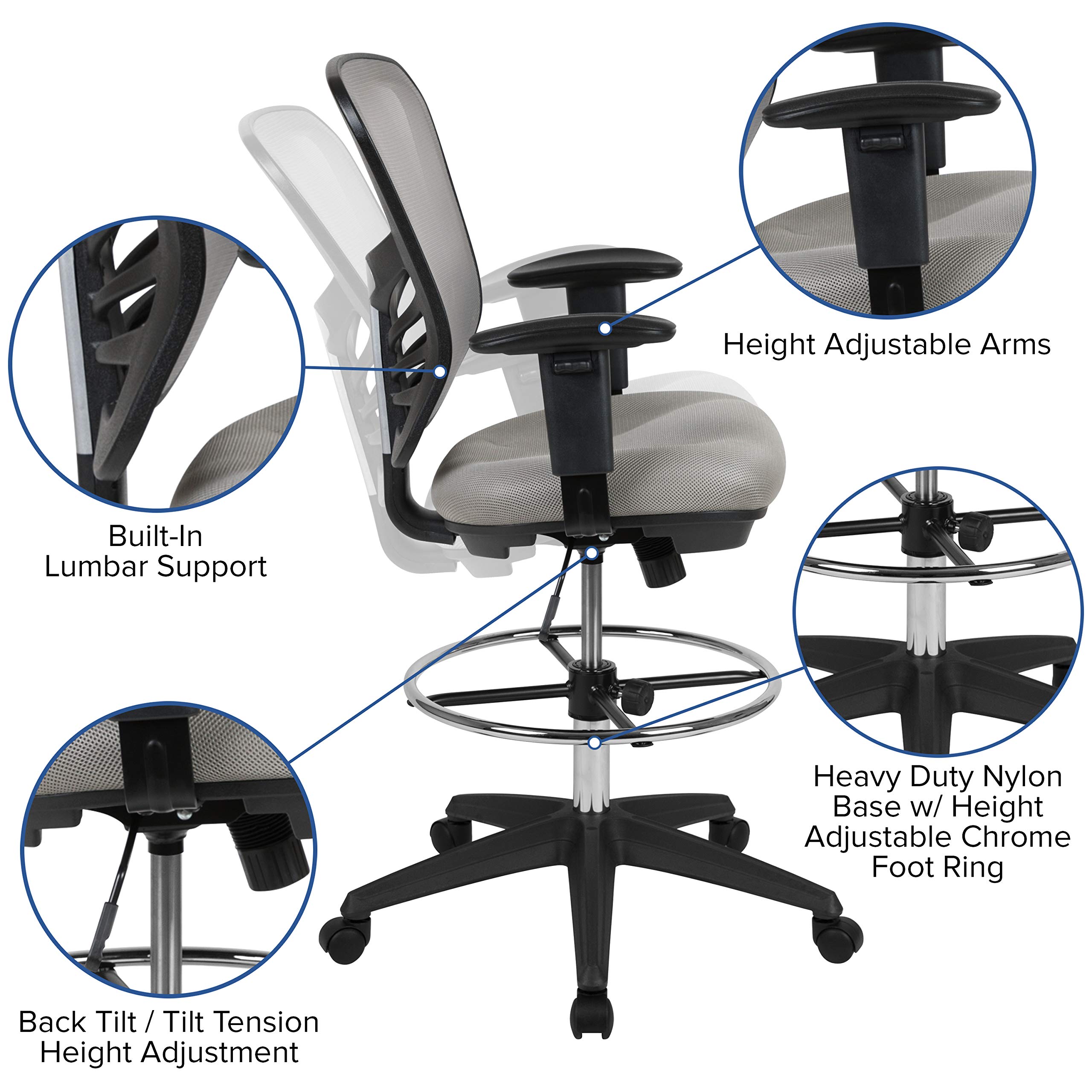 Flash Furniture Tyler Mid-Back Ergonomic Mesh Drafting Chair - Adjustable Arms, Chrome Foot Ring & Black Frame - Perfect for Office, Home Studio & Architectural Workstations
