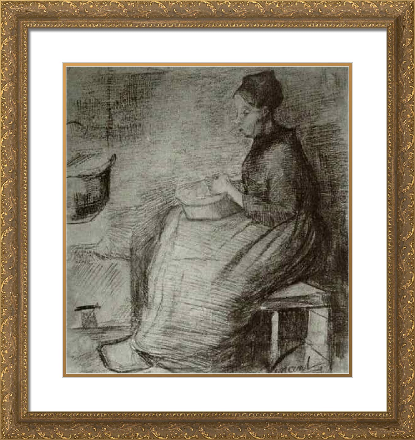 Van Gogh 'Woman Sitting by the Fire Peeling Potatoes' 20x21 Gold Ornate Framed Art Print with Double Matting - Perfect for Living Room, Bedroom & Office Wall Decor
