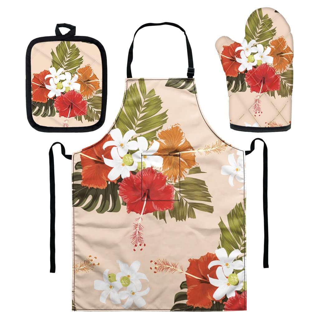 GLENLCWE Tropical Hibiscus Flower Print Waterproof 3-Piece Kitchen Set - Apron with Pocket, Oven Mitts & Pot Holders - Heat Resistant & Non-Slip Cooking Accessories for BBQ, Baking & Home Decor