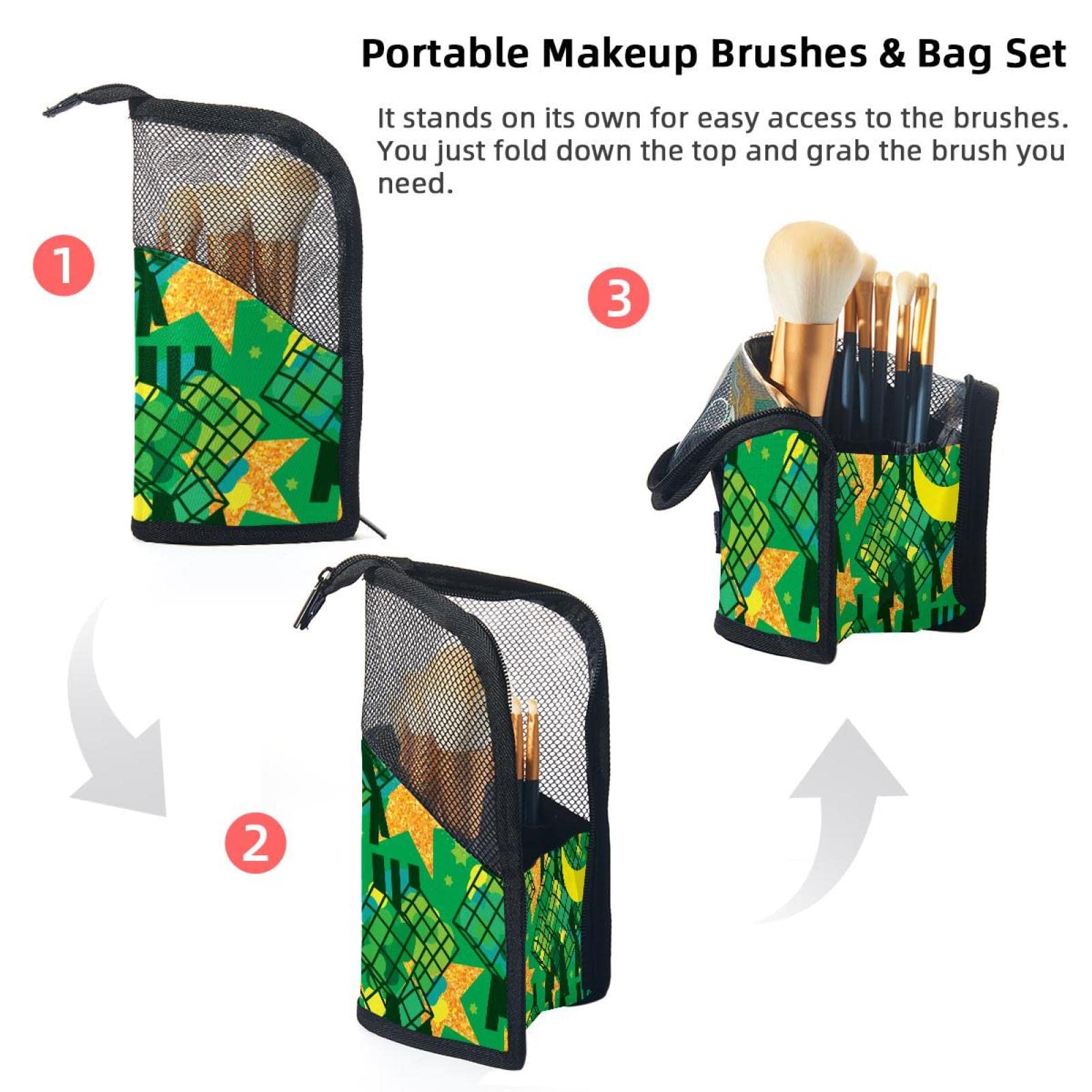 12-Piece Makeup Brush Organizer Bag with Geometric Stars & Moon Design - Portable Cosmetic Brush Holder Case for Travel, Home & Professional Makeup Artists
