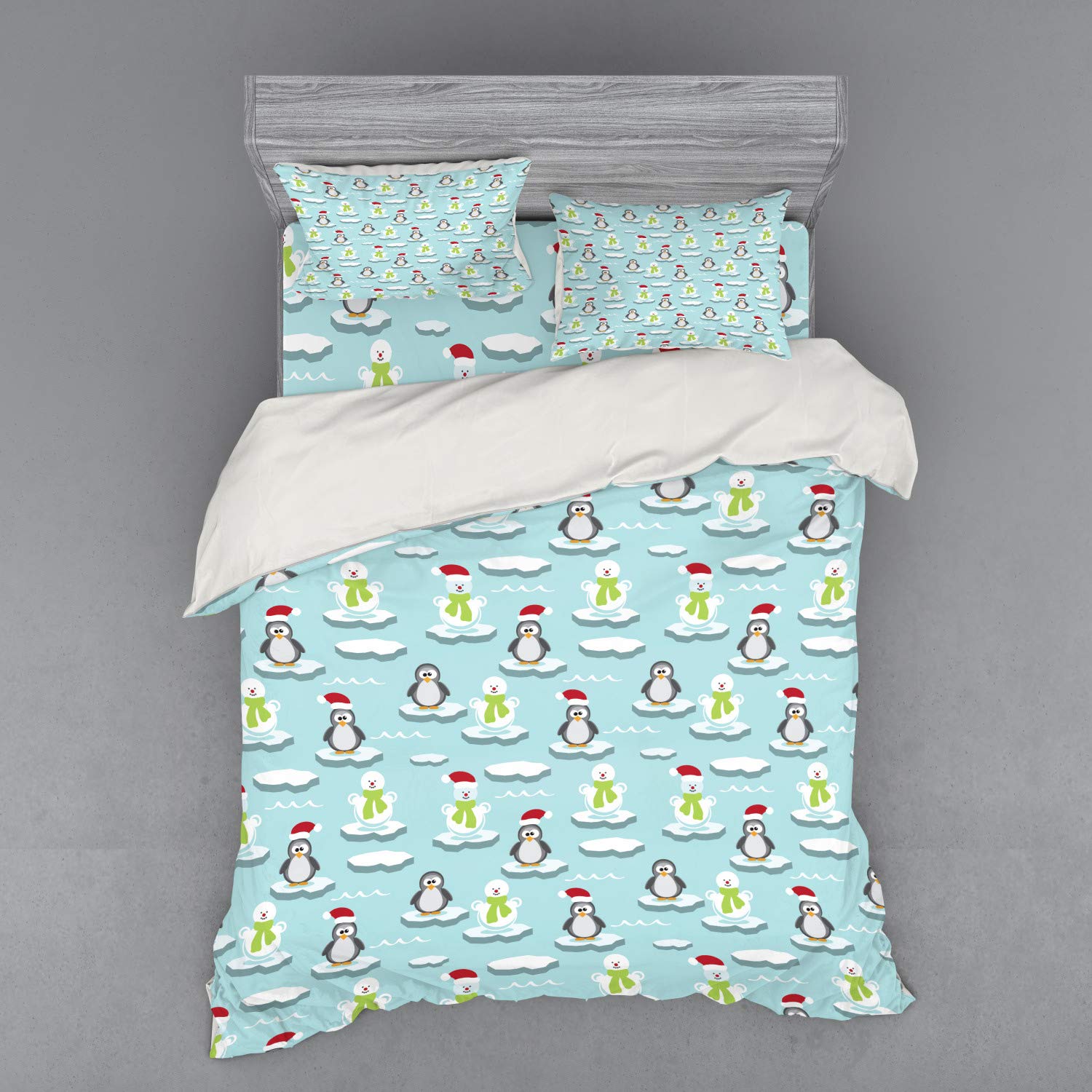 Ambesonne Funny Penguins & Snowmen Duvet Cover Set - Antarctica Cartoon Design with Caps & Scarves - 4 Piece Queen Size Bedding Set with Shams & Fitted Sheet - Perfect for Kids' Rooms, Winter Themed Bedrooms & Cozy Home Decor