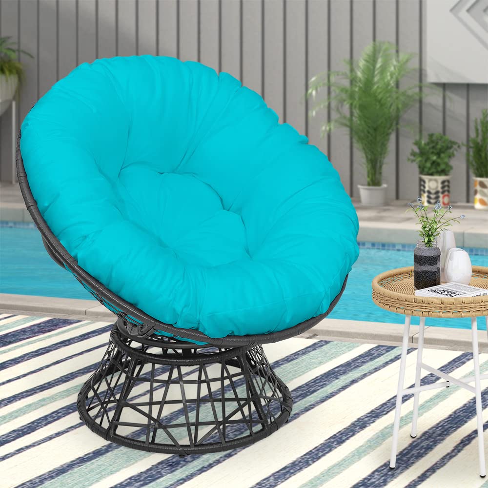 MAYPEX 360° Swivel Wicker Papasan Chair with Aqua Cushion - Indoor Outdoor Patio Chair with Black Metal Frame for Garden, Balcony, Living Room - Perfect for Relaxing, Reading & Sunbathing