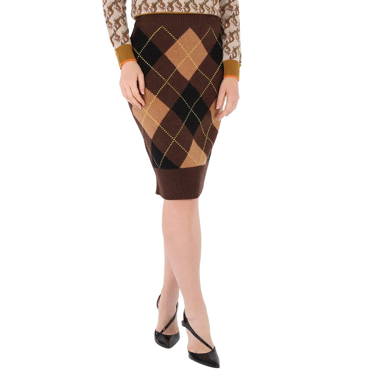 BURBERRY Women's Argyle Intarsia Wool Cashmere Pencil Skirt - Medium Size | Classic Plaid Design for Office, Party & Winter Fashion