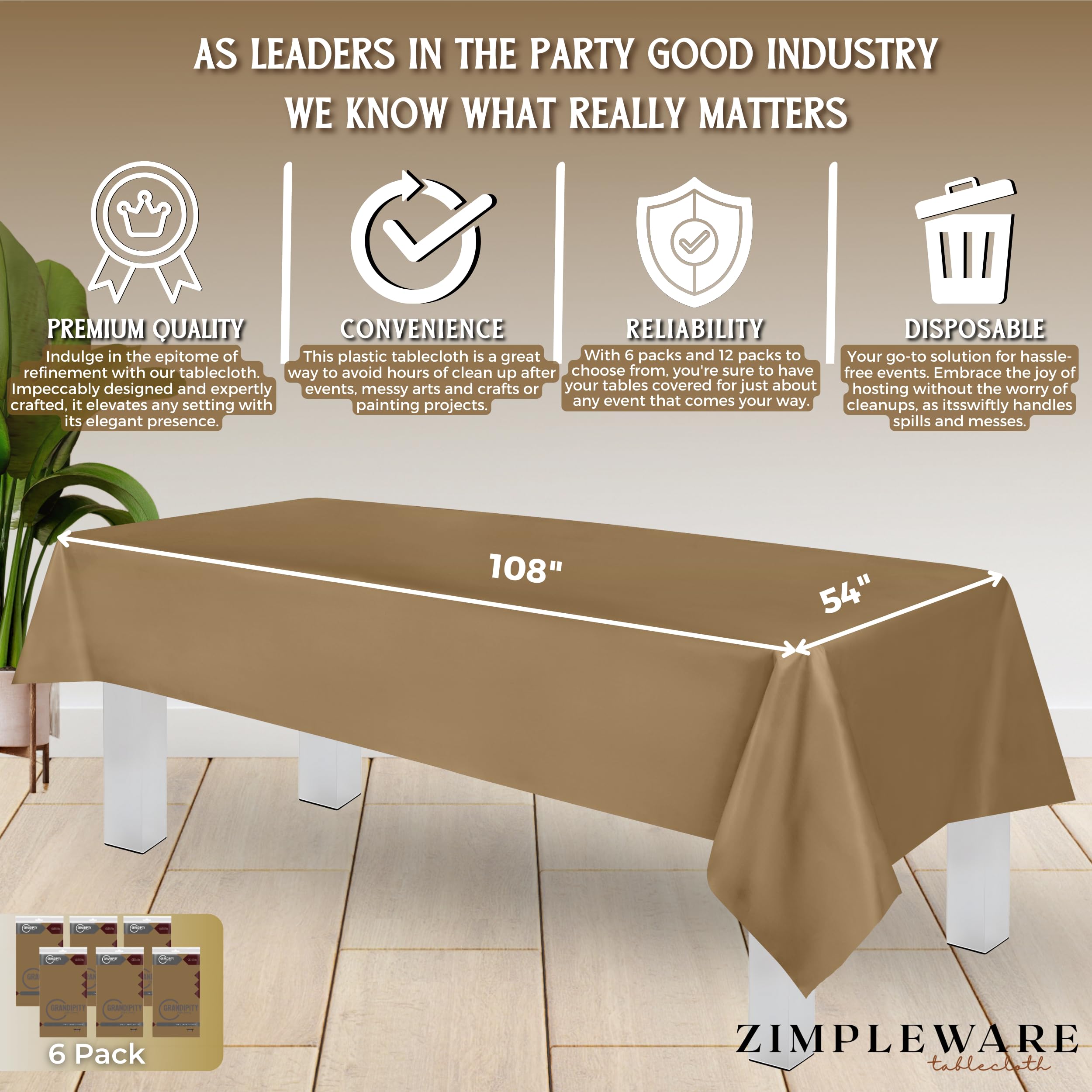 Premium Gold Disposable Plastic Tablecloth (6 Pack) - 54 x 108 Inch Rectangle Table Cover for Parties, Events & Dining - Fits 6ft to 8ft Tables - Waterproof & Easy Clean - Ideal for Birthday Celebrations, Weddings & Holiday Gatherings