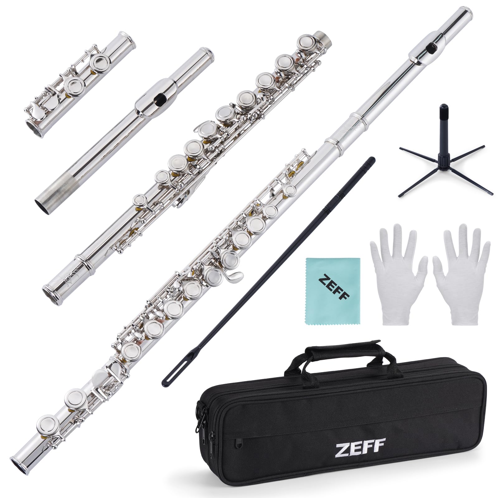 Professional ZEFF Closed Hole C Flute - 16 Keys Silver-Plated Beginner Flute for Kids & Students | Includes Case, Stand, Cleaning Kit, Gloves & Tuning Rod | Perfect for School Bands, Music Lessons & Home Practice