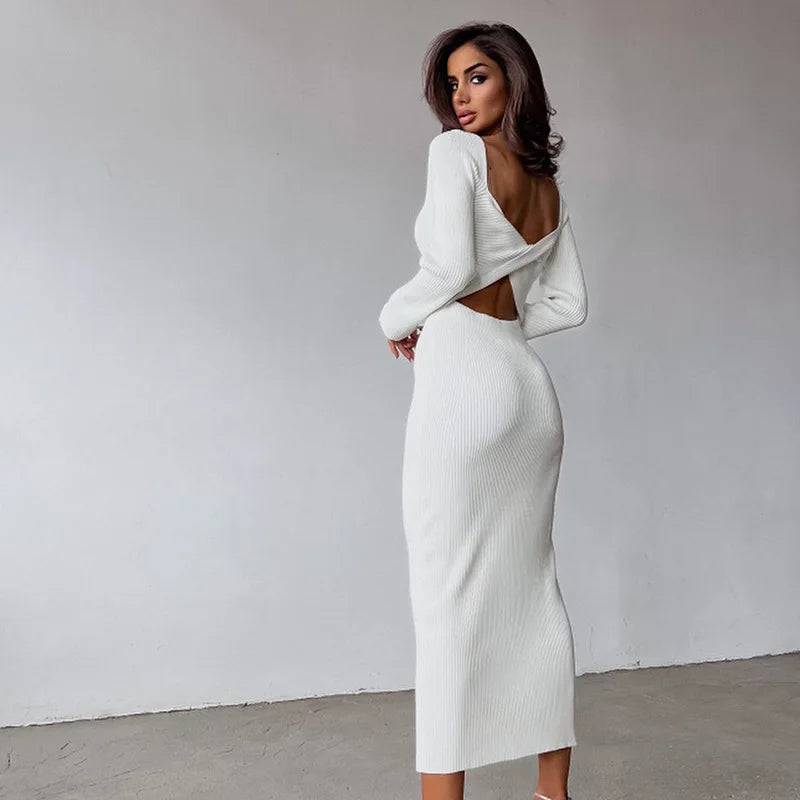 Elegant White Ribbed Fabric Dress - Long Sleeve O-Neck Hollow High Waist Slim Fit Crop Top with Knee Length Skirt | Perfect for Fall Fashion, Date Nights & Office Wear