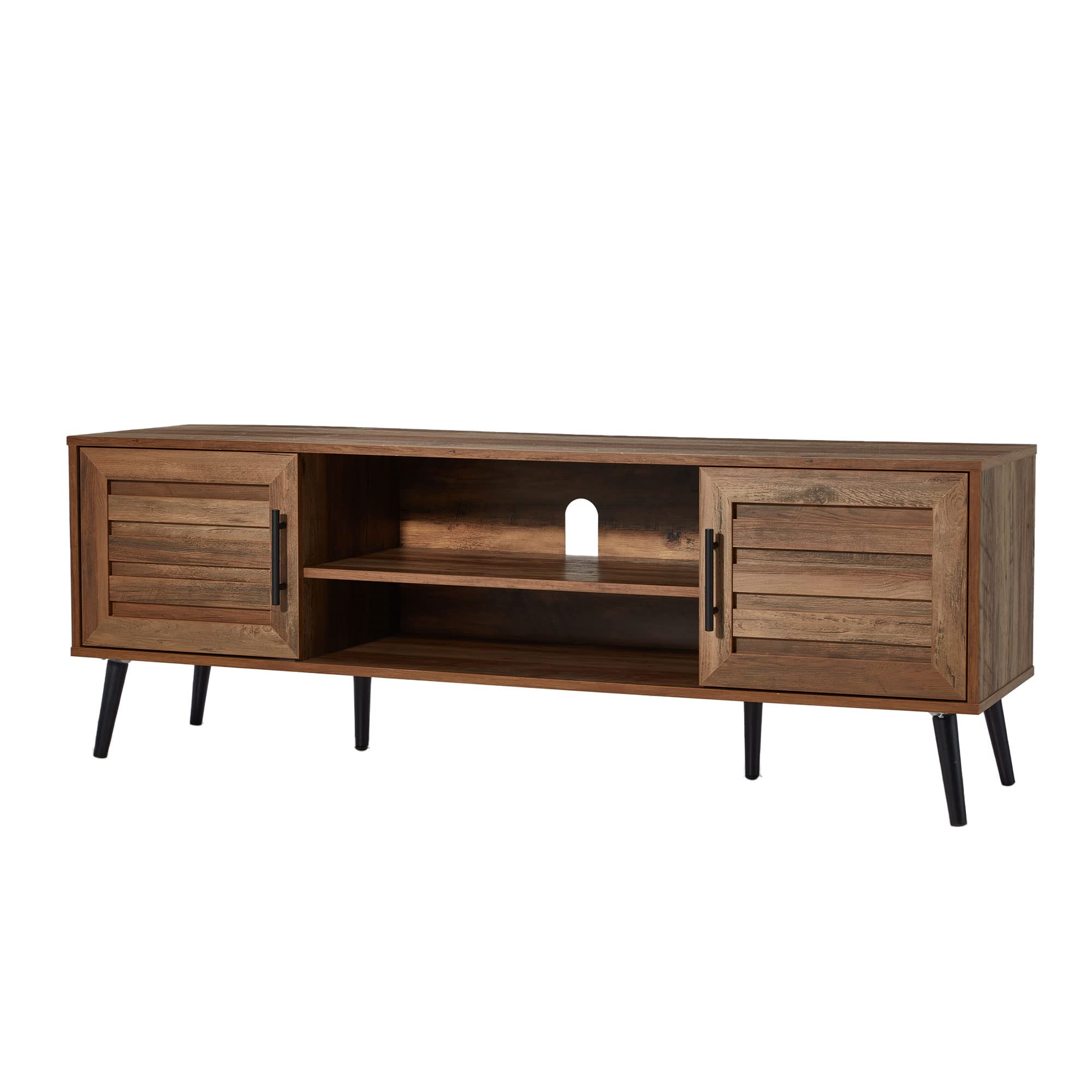 Mid Century Modern TV Stand with Open Shelves & 2 Cabinets - Walnut Wood Entertainment Center for 65 Inch TVs - Perfect for Living Room, Home Theater & Media Room Organization