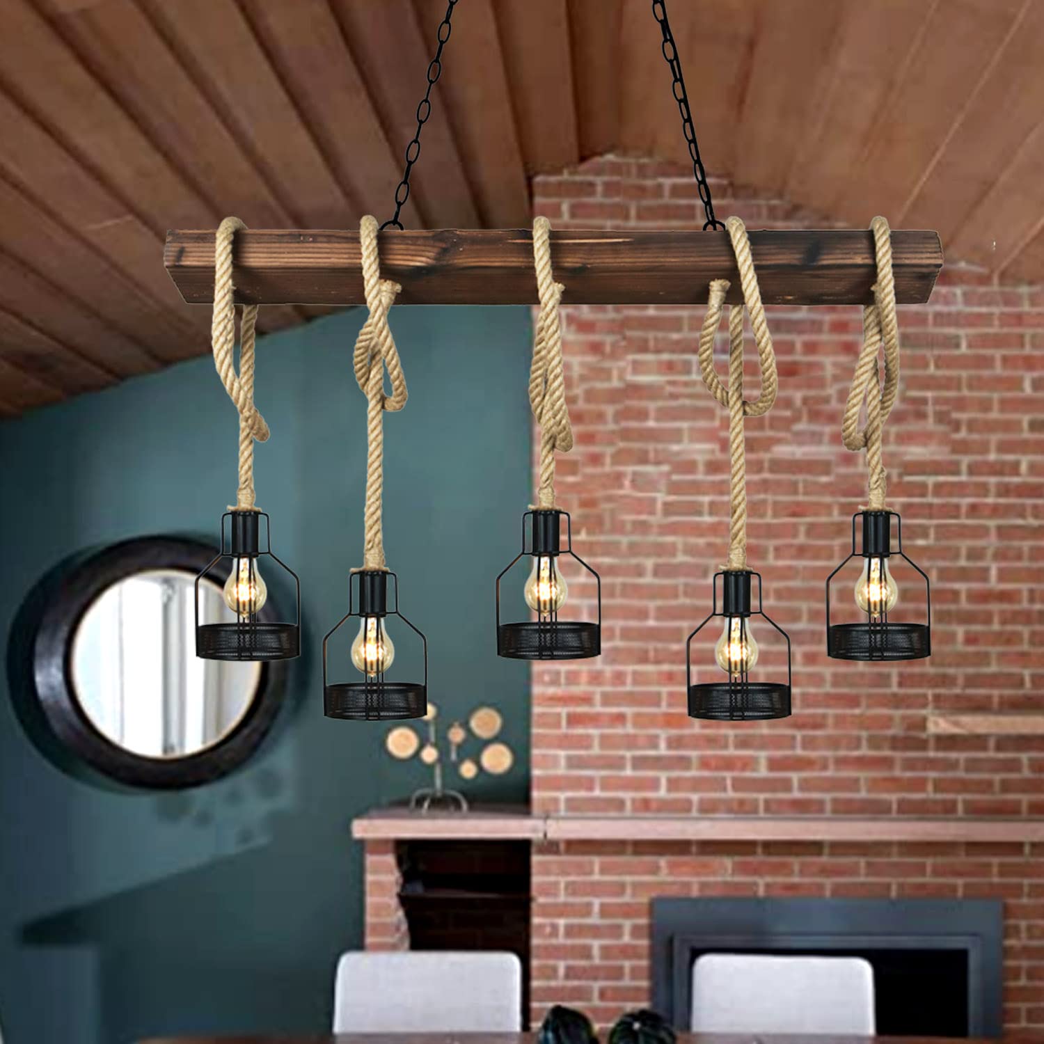 Farmhouse Pendant Lights for Kitchen Island - Rustic Dining Room Ceiling Fixture with 5 E26 Bulb Sockets - Black Metal & Wood Beam Chandelier - Perfect for Farmhouse, Industrial & Modern Kitchens