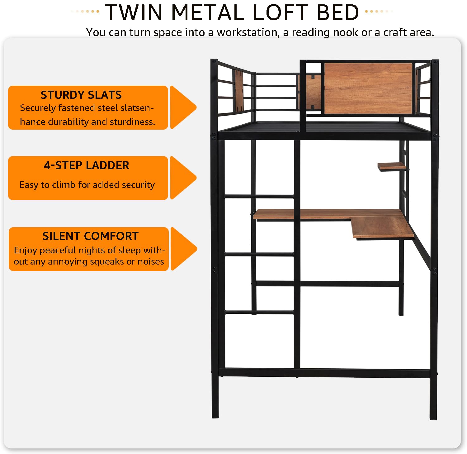 **Metal Loft Bed Frame with Desk & Storage - Twin Size Space-Saving Bed for Kids, Teens & Adults - Sturdy Guardrail & Ladder Included - No Box Spring Needed (Black) - Perfect for Small Rooms, Dorms & Apartments**